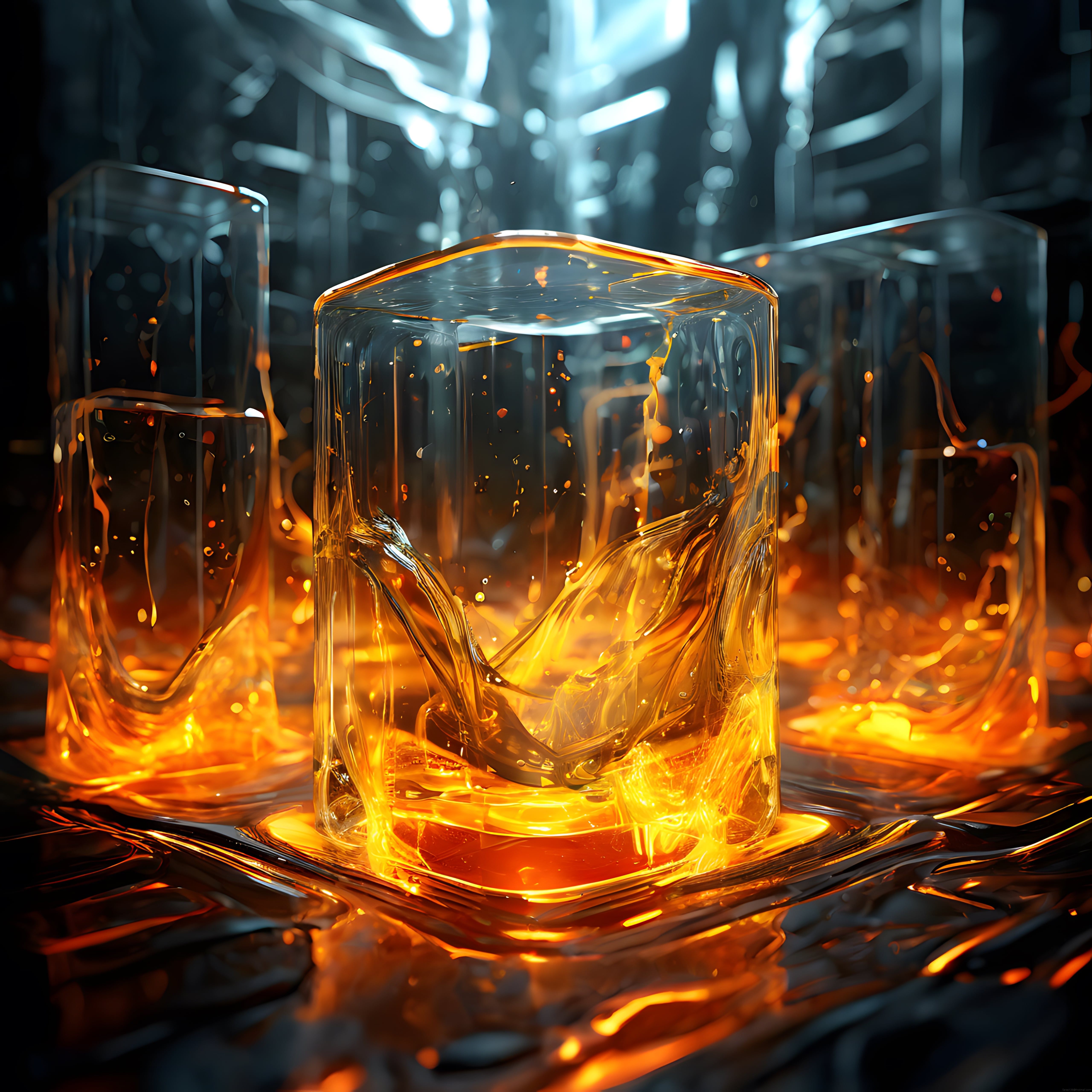 Eriyen Buz Küplerinden Süzülen Amber Viski ve Neon Işıltılı Bar Atmosferi