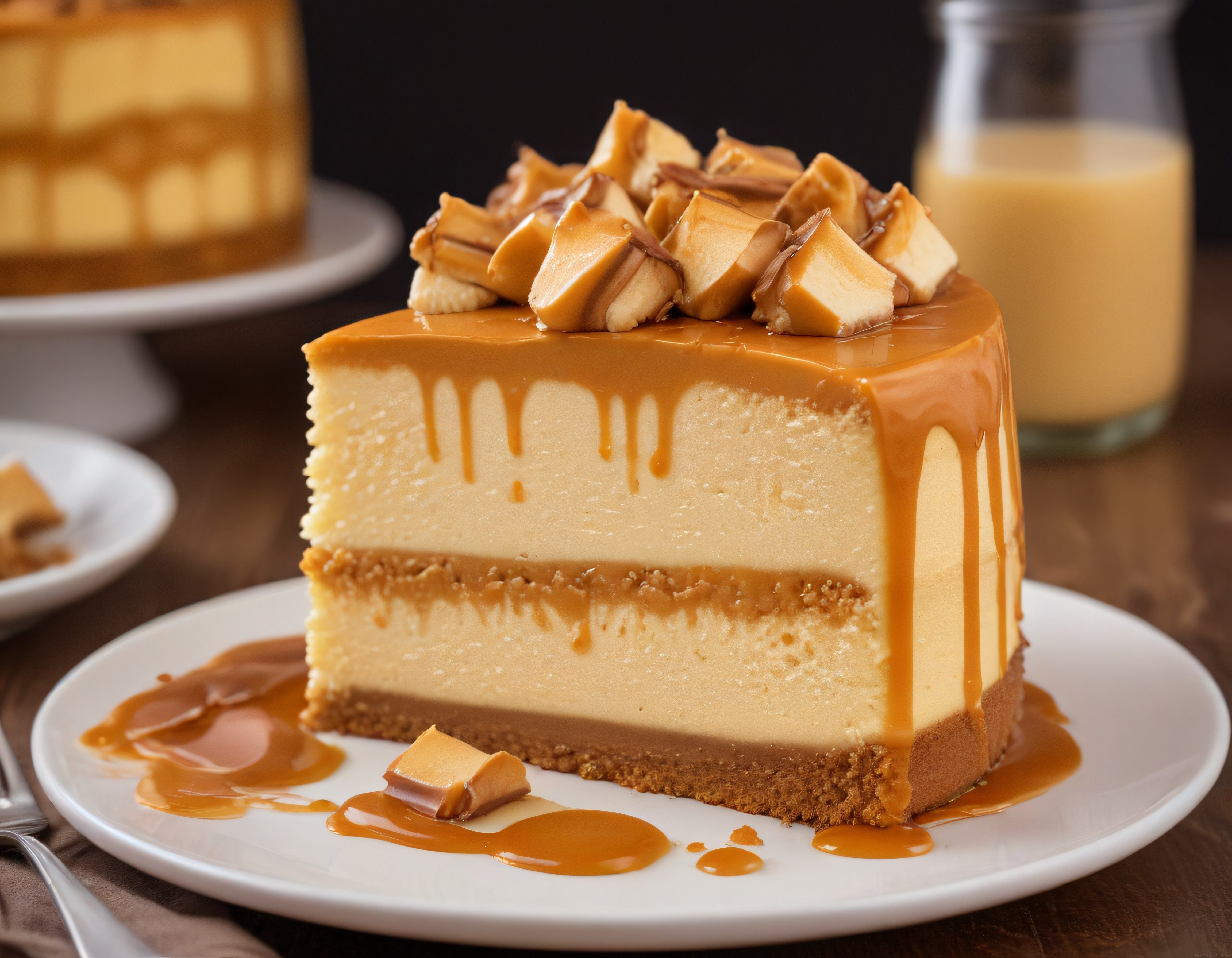 Eriyen Karamel Soslu Cheesecake Dilimi ve Tatlı Kaşığı Sunumu