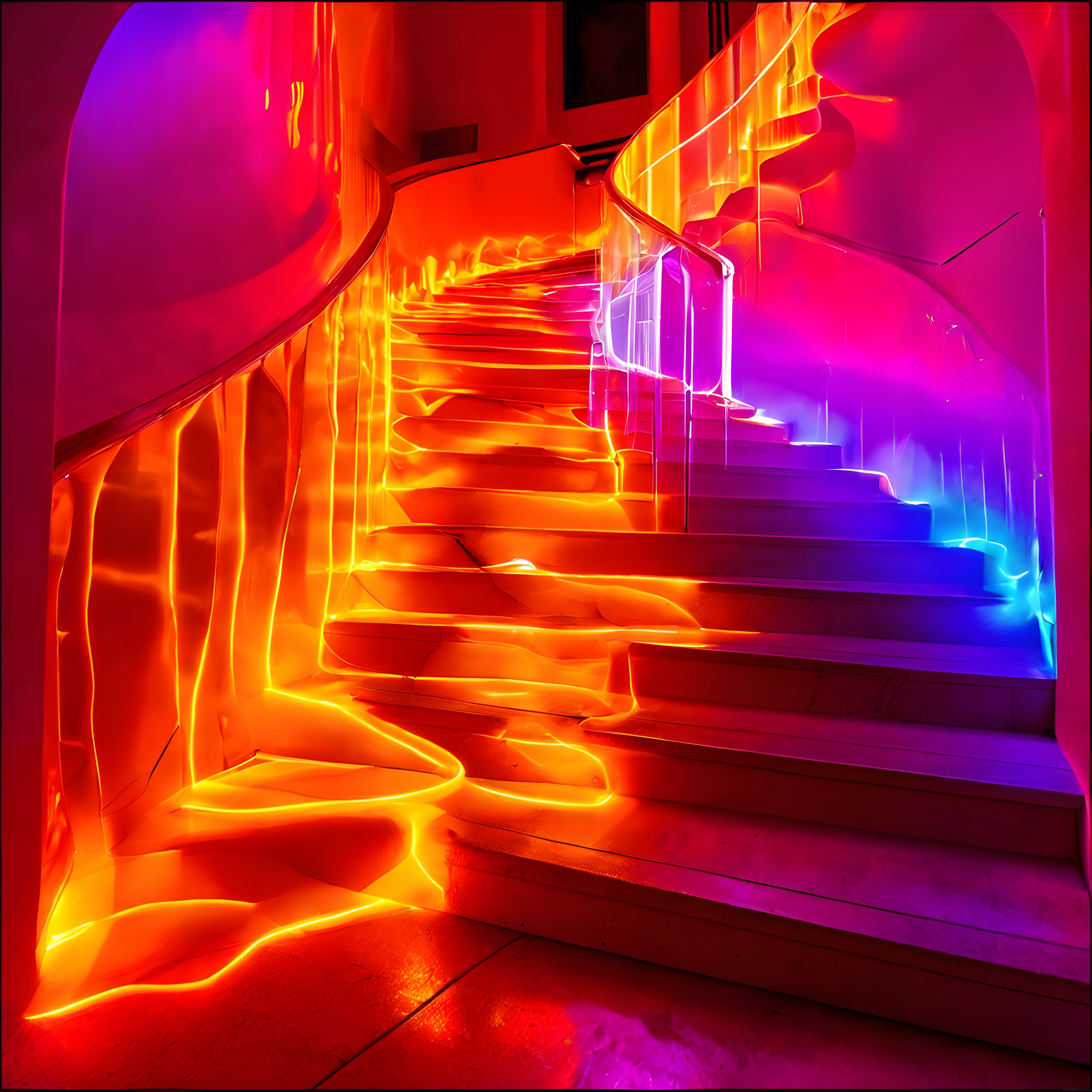 Eriyen Neon Işıklarla Kaplı Sarmal Merdiven ve Gelecekçi Atmosfer