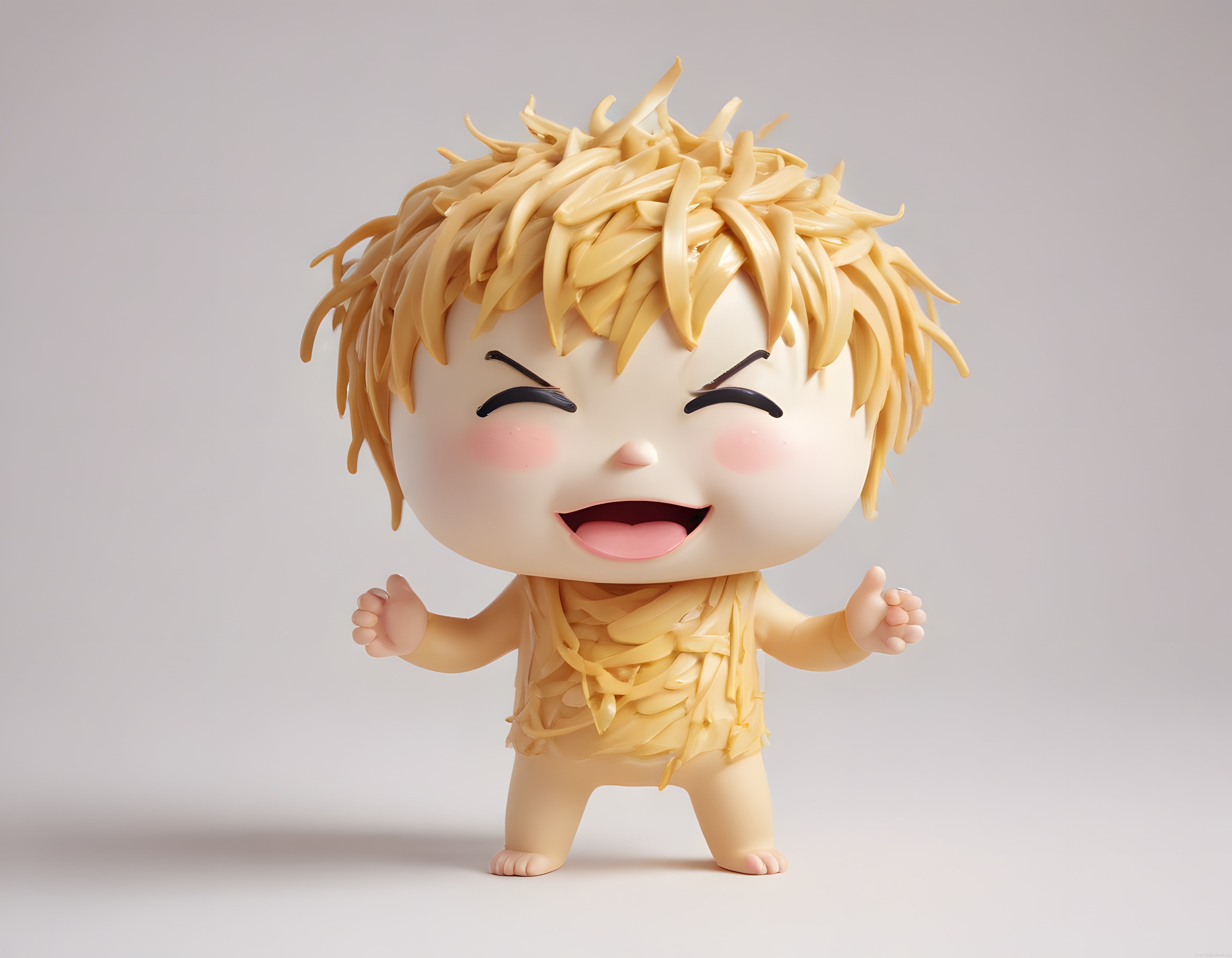 Eriyik Peynir Saçlı Neşeli Chibi Karakter Figürü ve 3D Render Sanatı