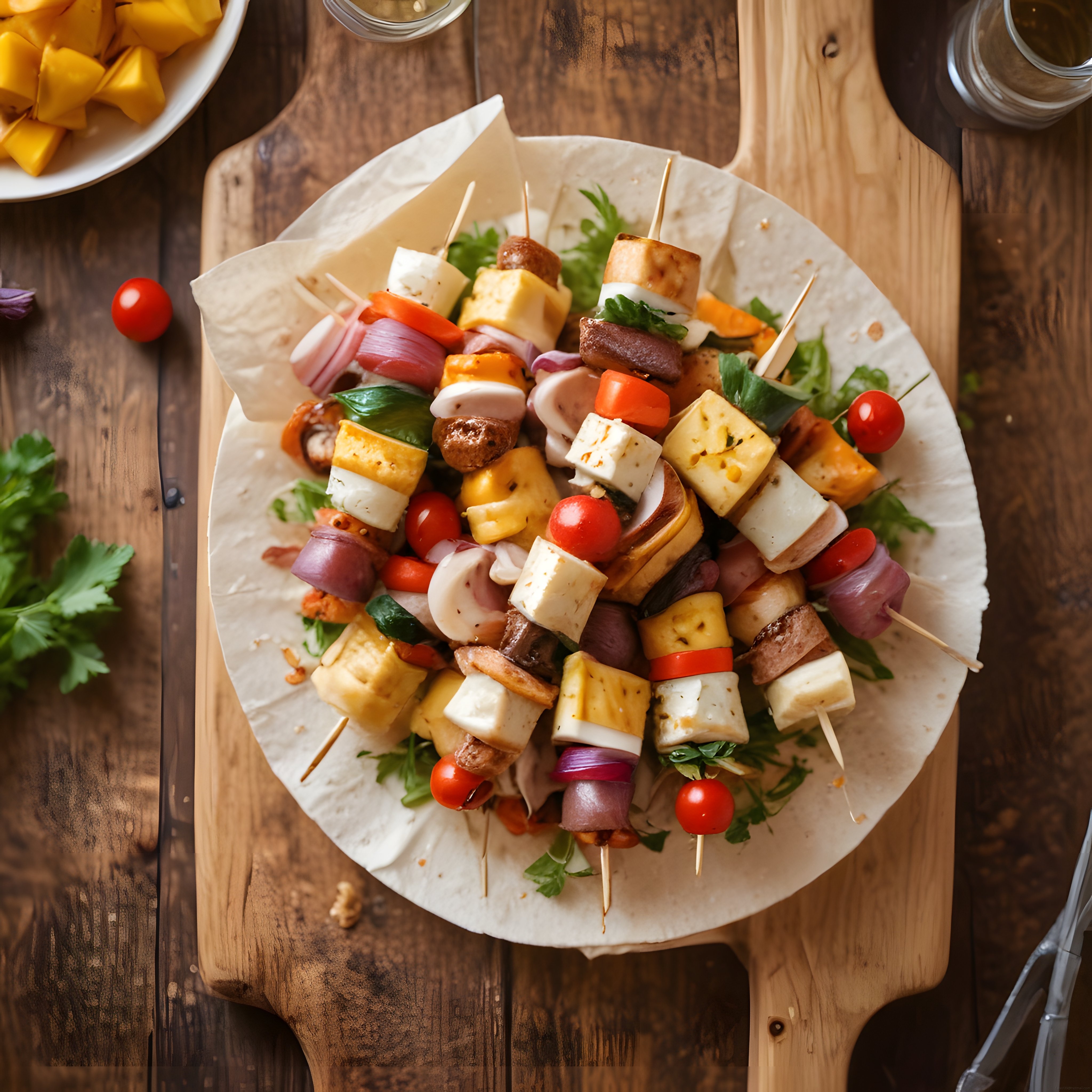 Eski ahşap masa üzerinde peynirli ve sebzeli renkli şiş kebap sunumu