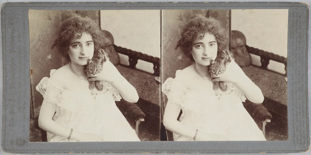 Eski Stereoskopik Fotoğrafta Kıvırcık Saçlı Kadın ve Kucağındaki Kaplumbağa