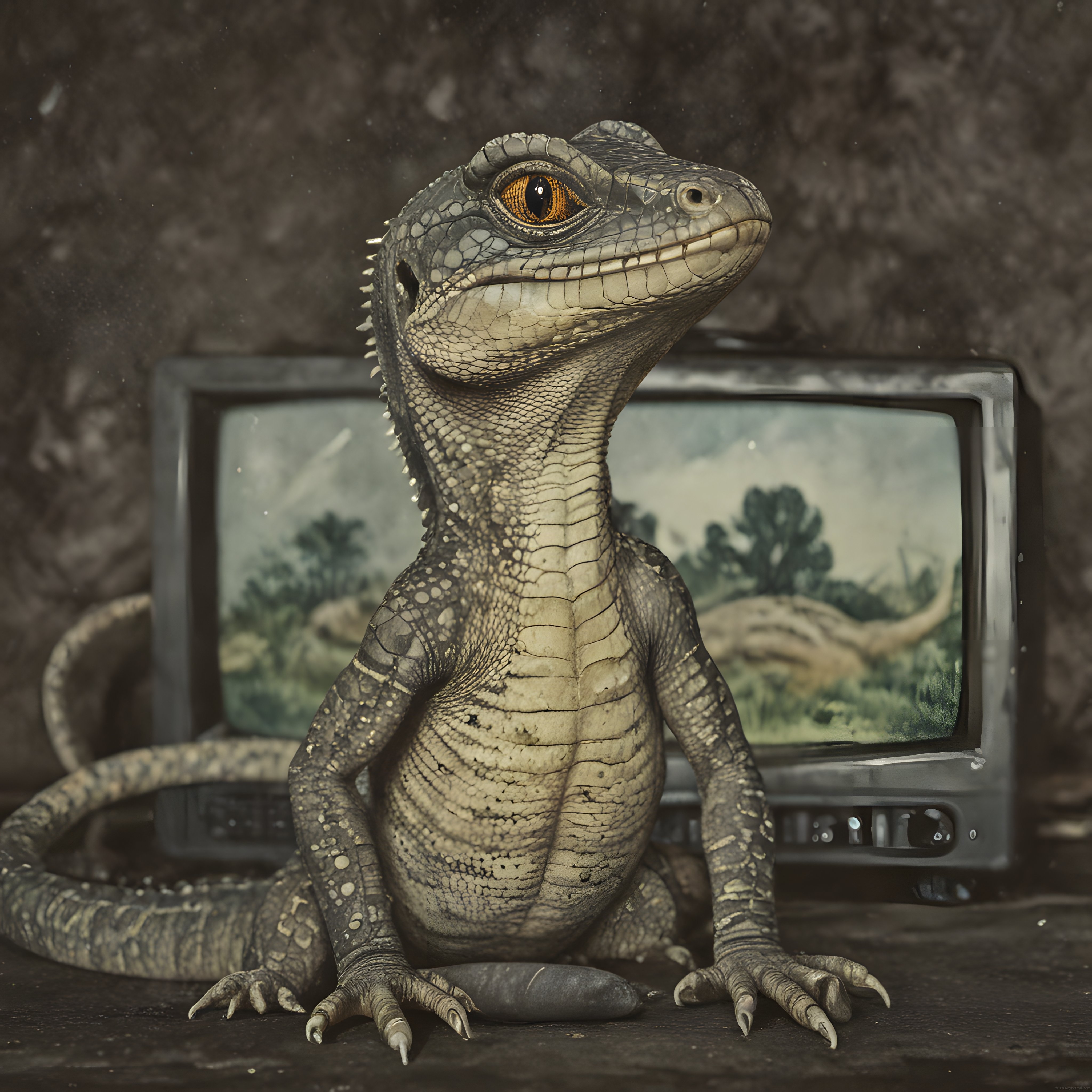 Eski Televizyon Karşısında Oturan Sevimli Yavru Sürüngen ve Prehistorik Dünya