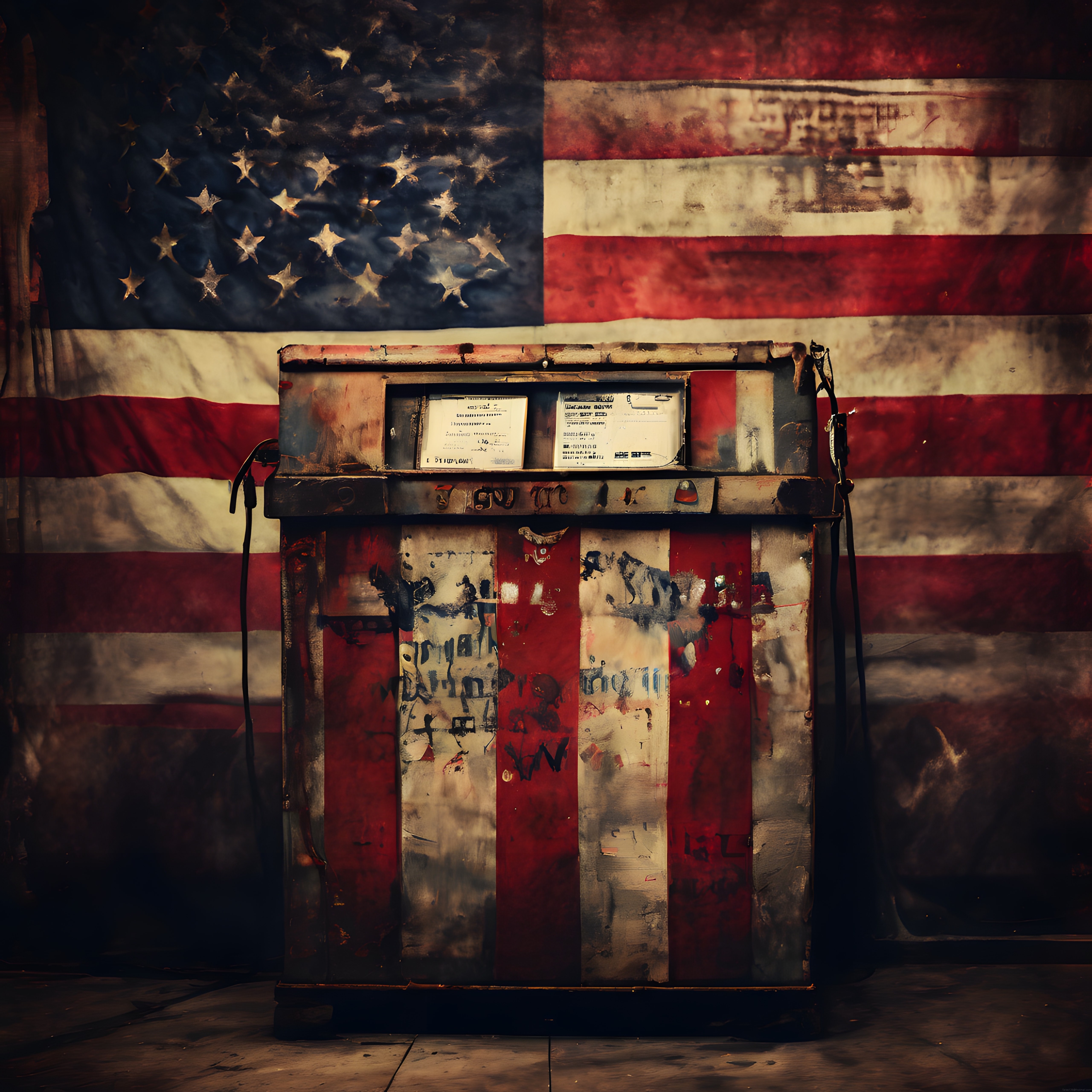 Eskitilmiş Amerikan Bayrağı Önünde Vintage Benzin Pompası ve Retro Atmosfer