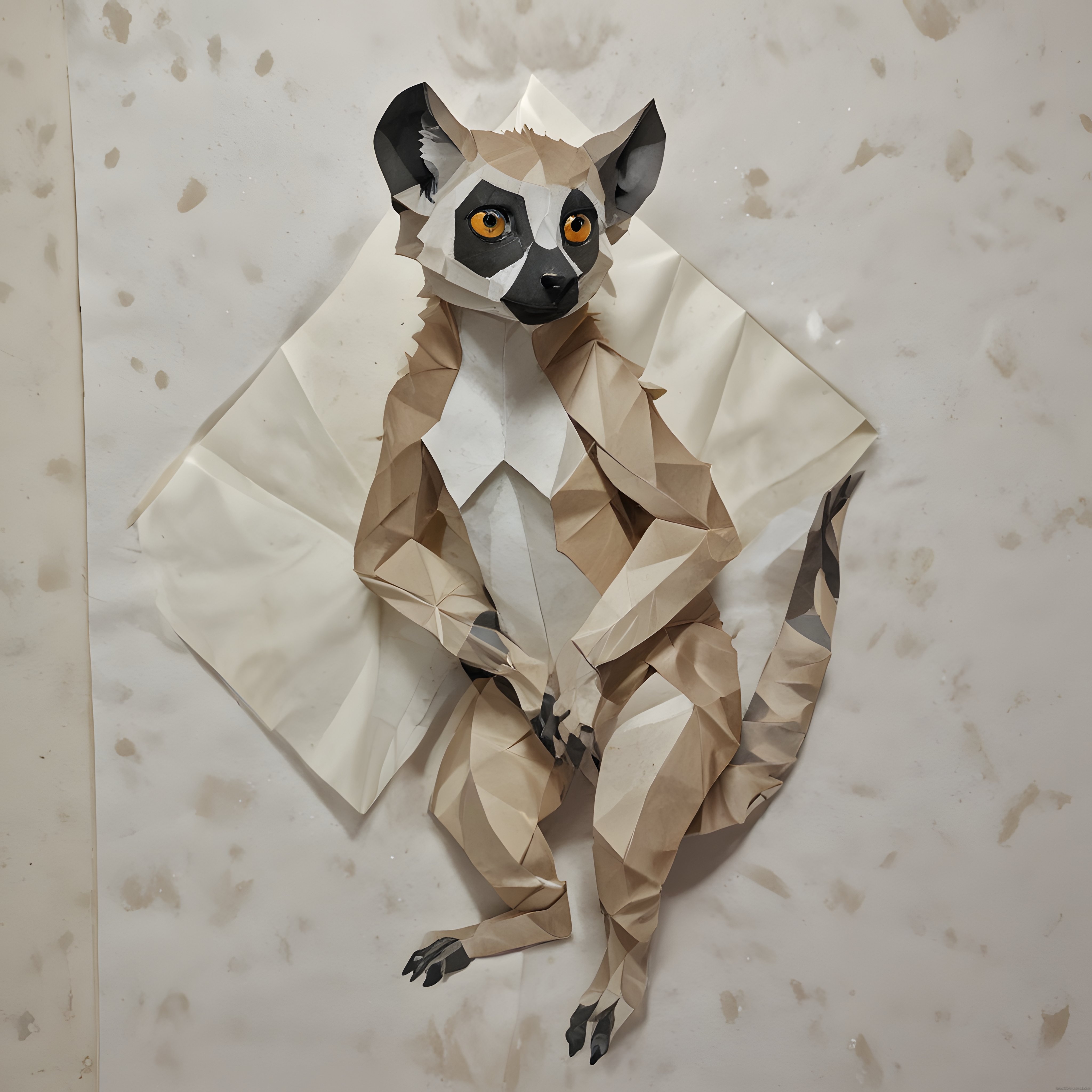 Eskitilmiş Kağıt Dokusu Üzerinde Oturan Gerçekçi Origami Lemur Heykeli
