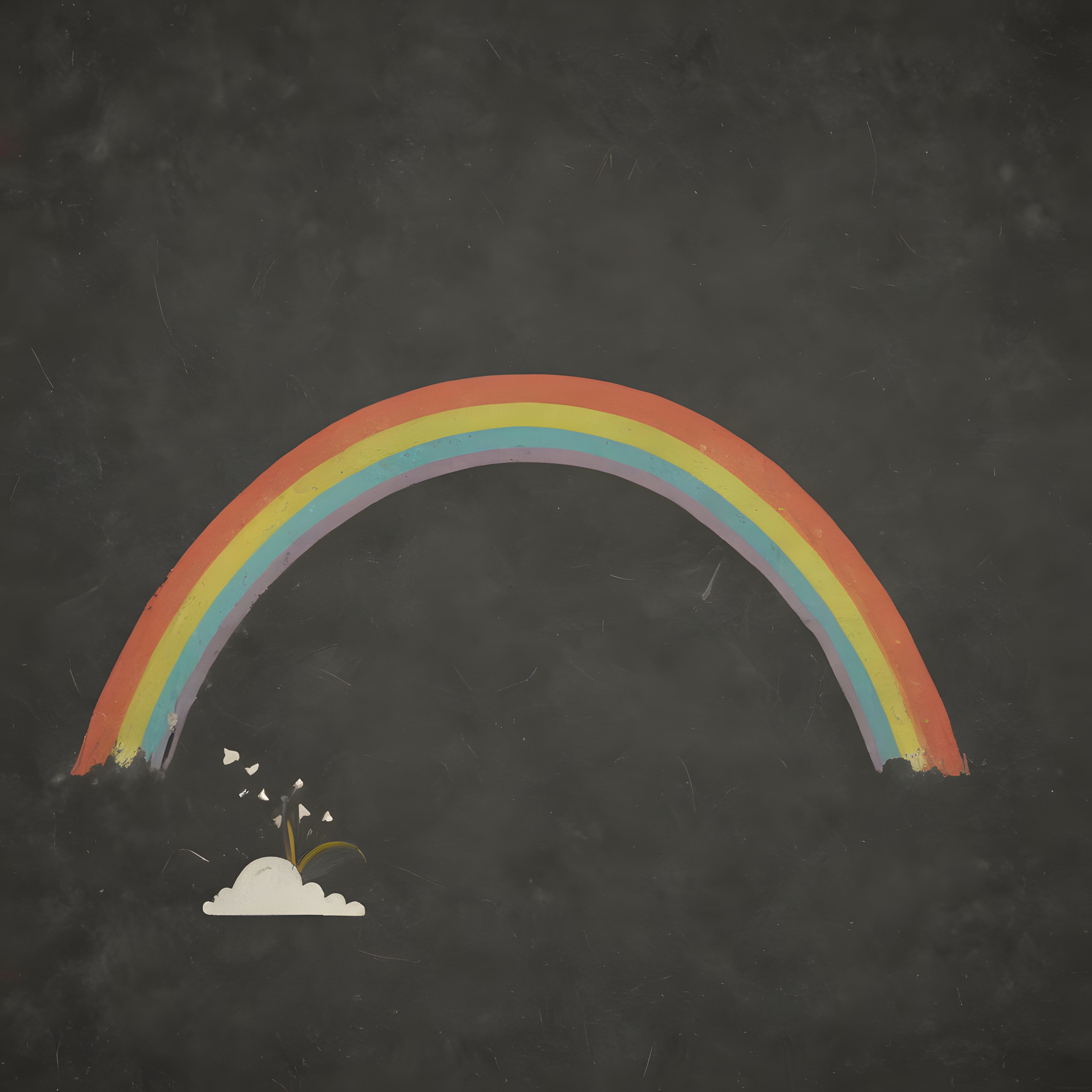Eskitilmiş Siyah Zeminde Pastel Gökkuşağı ve Beyaz Çiçeklerle Minimalist Retro Sanat