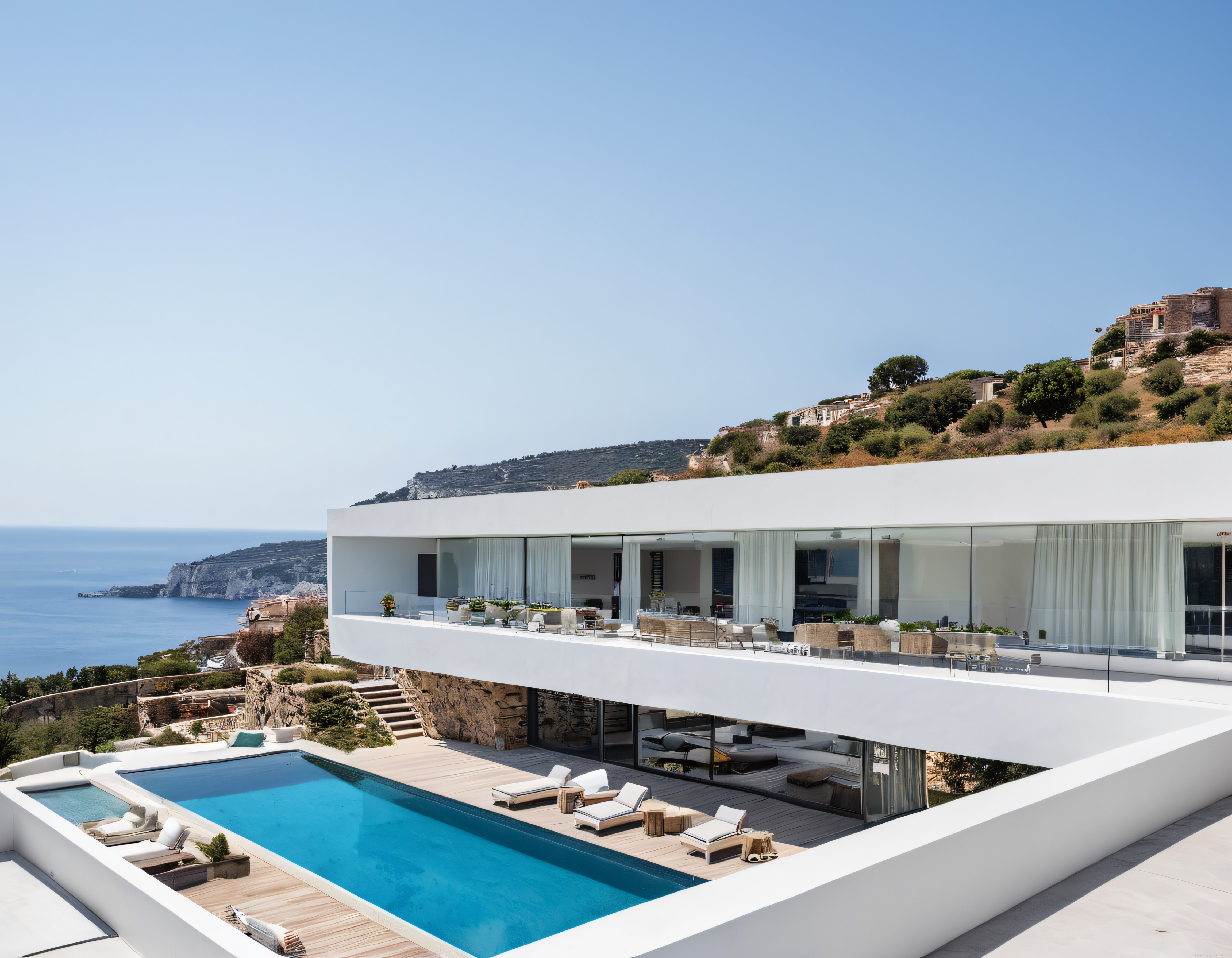Eşsiz Deniz Manzaralı Uçurum Kenarındaki Modern Beyaz Villa ve Havuz