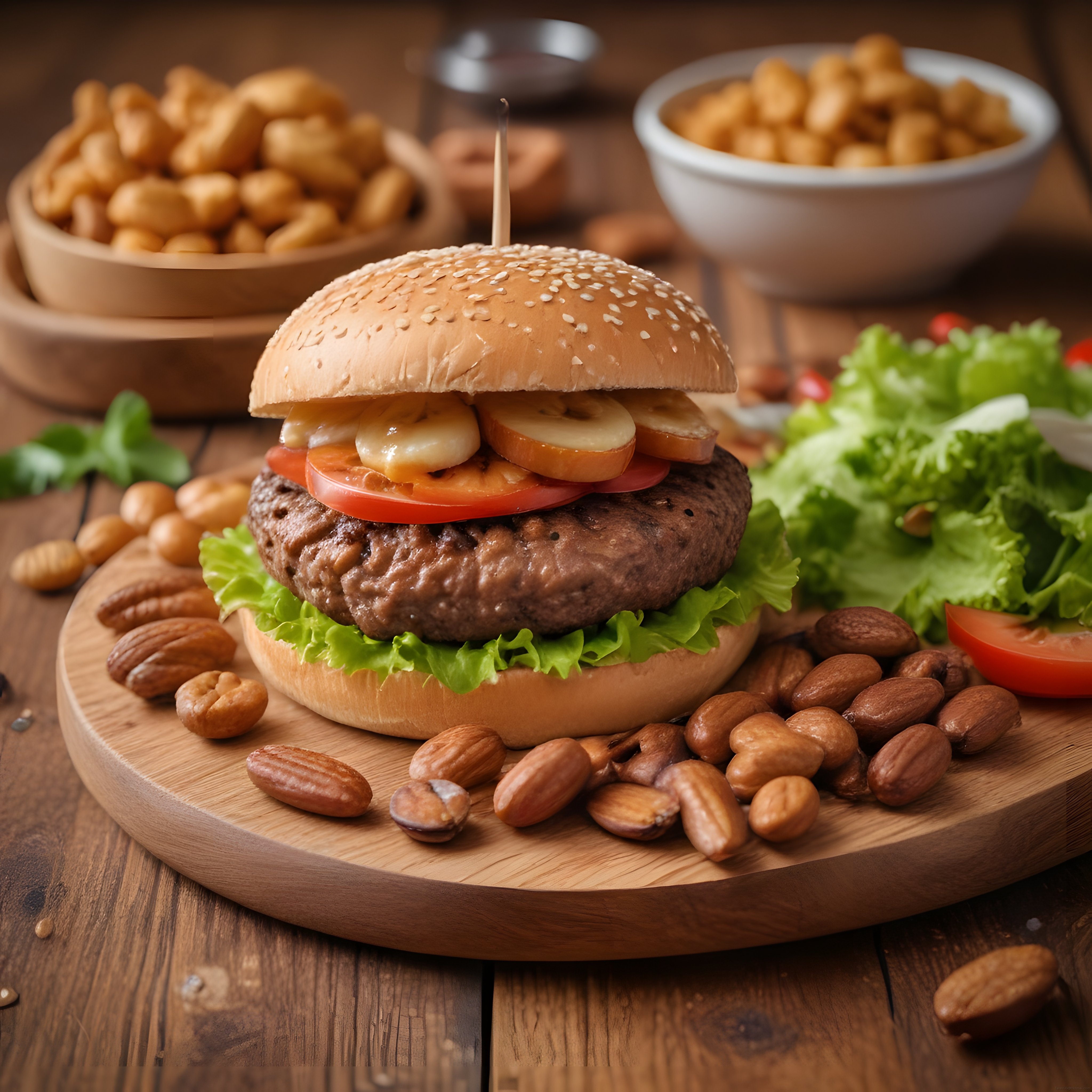 Eşsiz Lezzet: Muzlu Hamburger ve Çeşitli Kuruyemişlerle Rustik Sunum