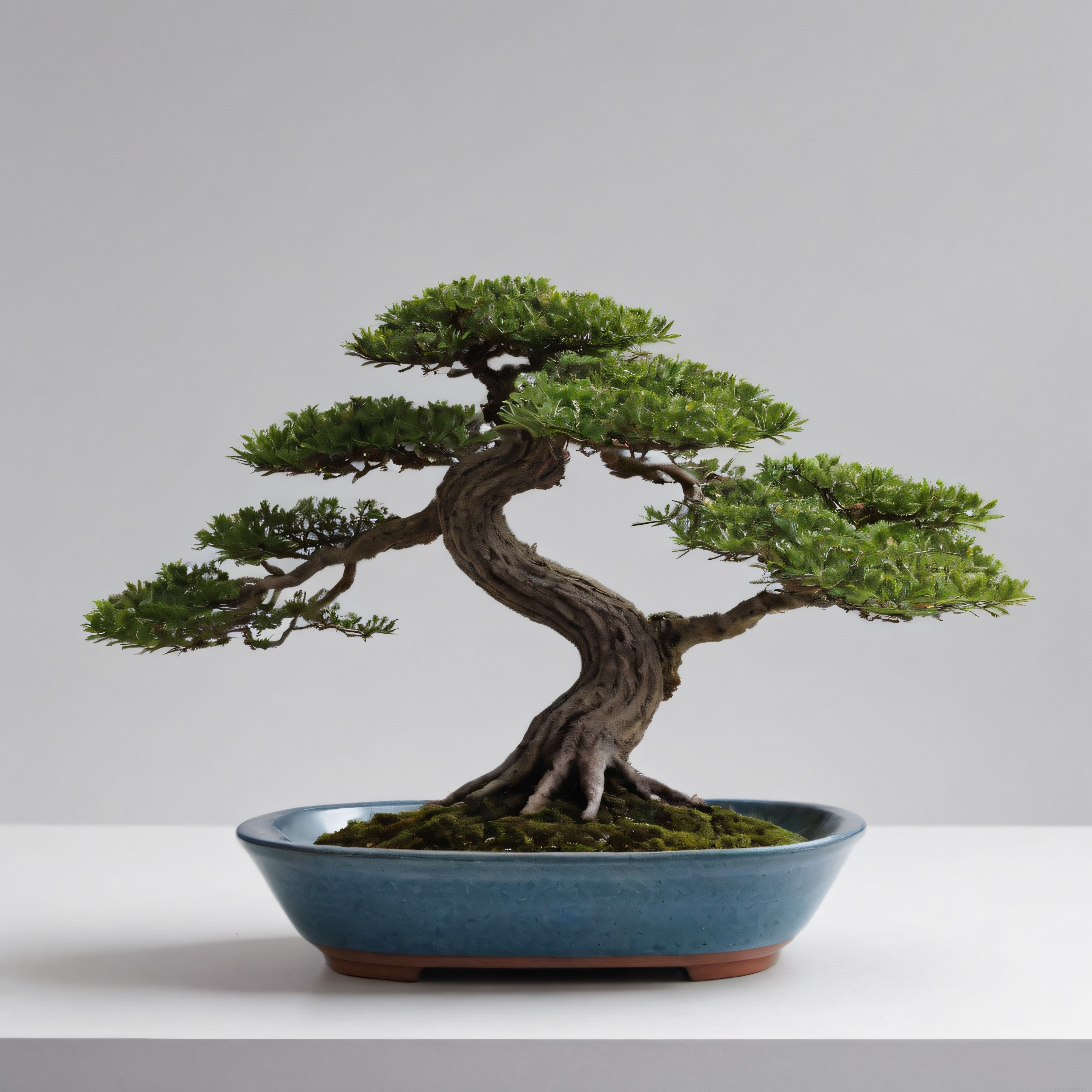 estetik bonsai ağacı mavi saksıda yosun detayı ve huzurlu bitki dekorasyonu