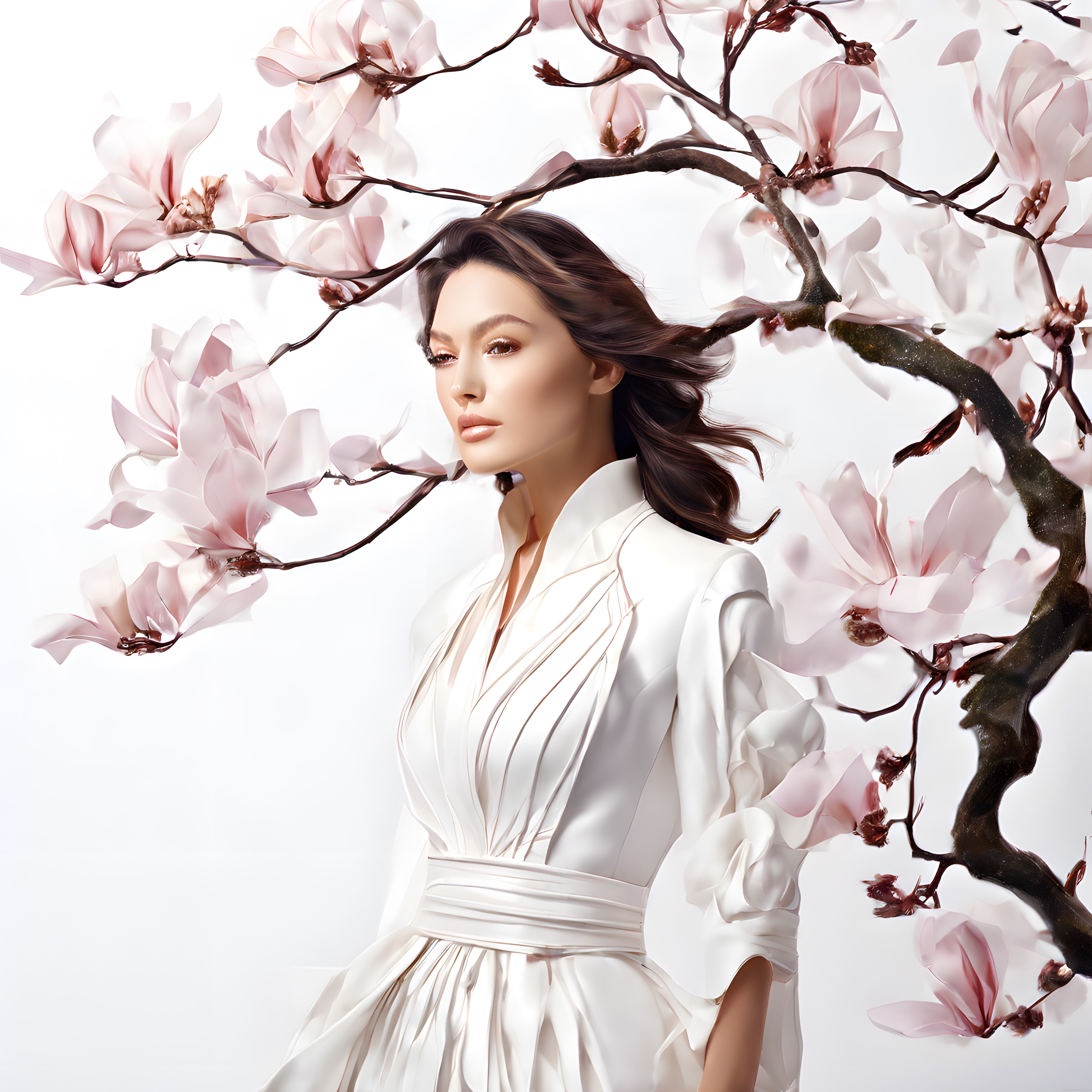 Ethereal Bahar Rüzgarı: Beyaz Saten Elbise ve Manolya Çiçekleriyle Moda Portre