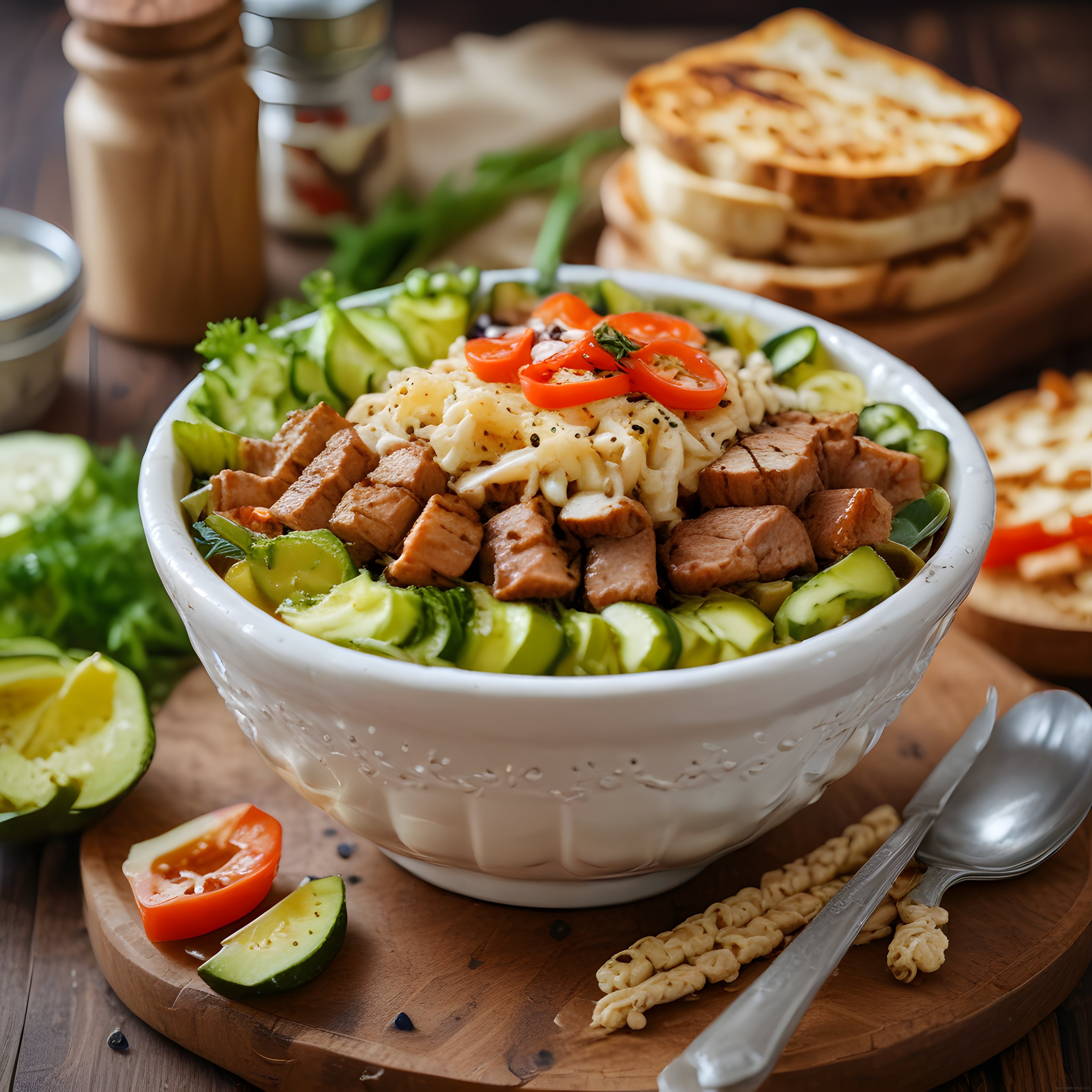 Etli sebzeli kase yemek sunumu, salata ve kızarmış ekmekle nefis tarif