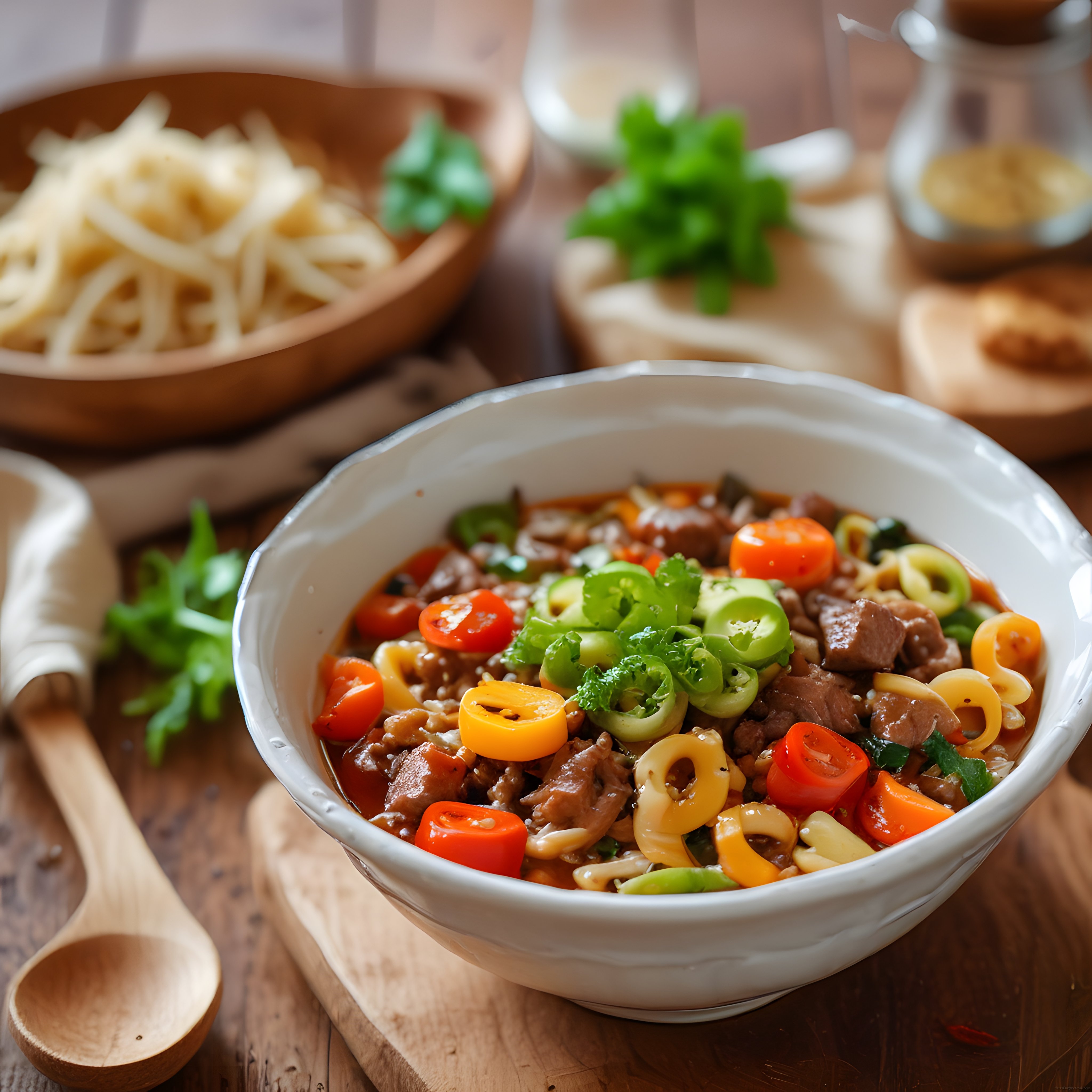 Etli Sebzeli Sıcak Noodle Kasesi ve Rustik Ahşap Mutfak Atmosferi