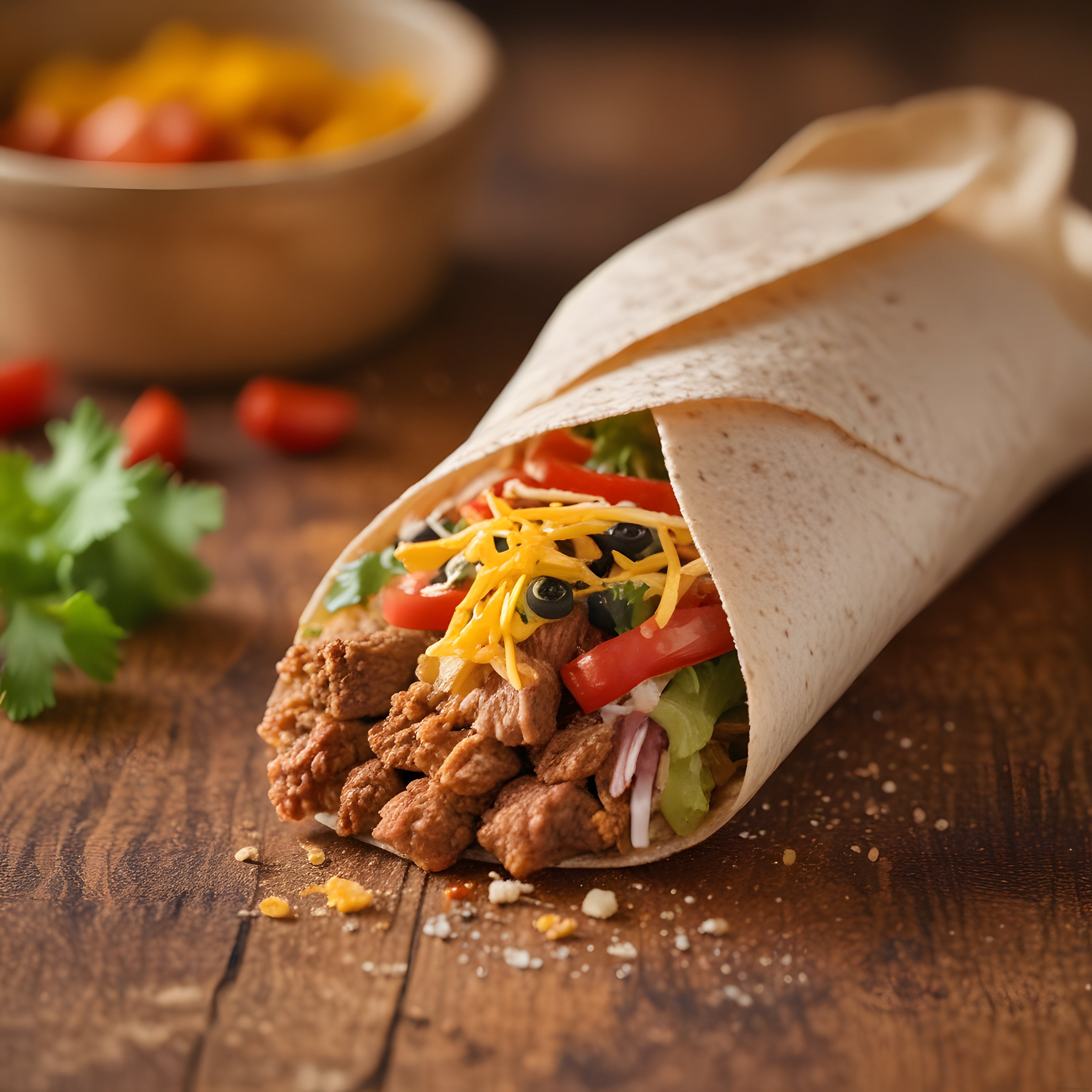 Etli ve sebzeli tortilla dürüm, kaşar peyniri ile servis edilmiş