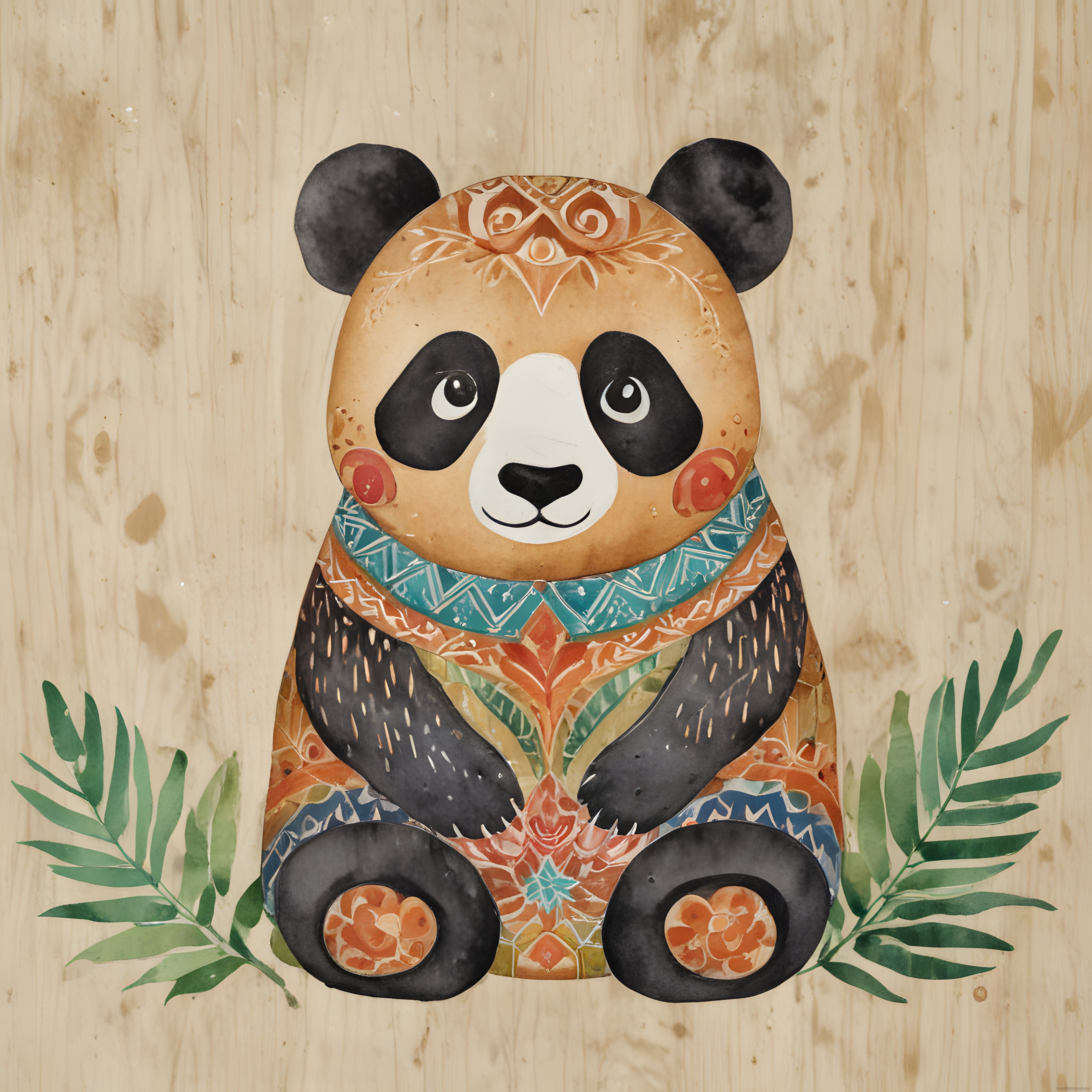 Etnik desenlerle süslenmiş sevimli panda illüstrasyonu ve suluboya sanatı