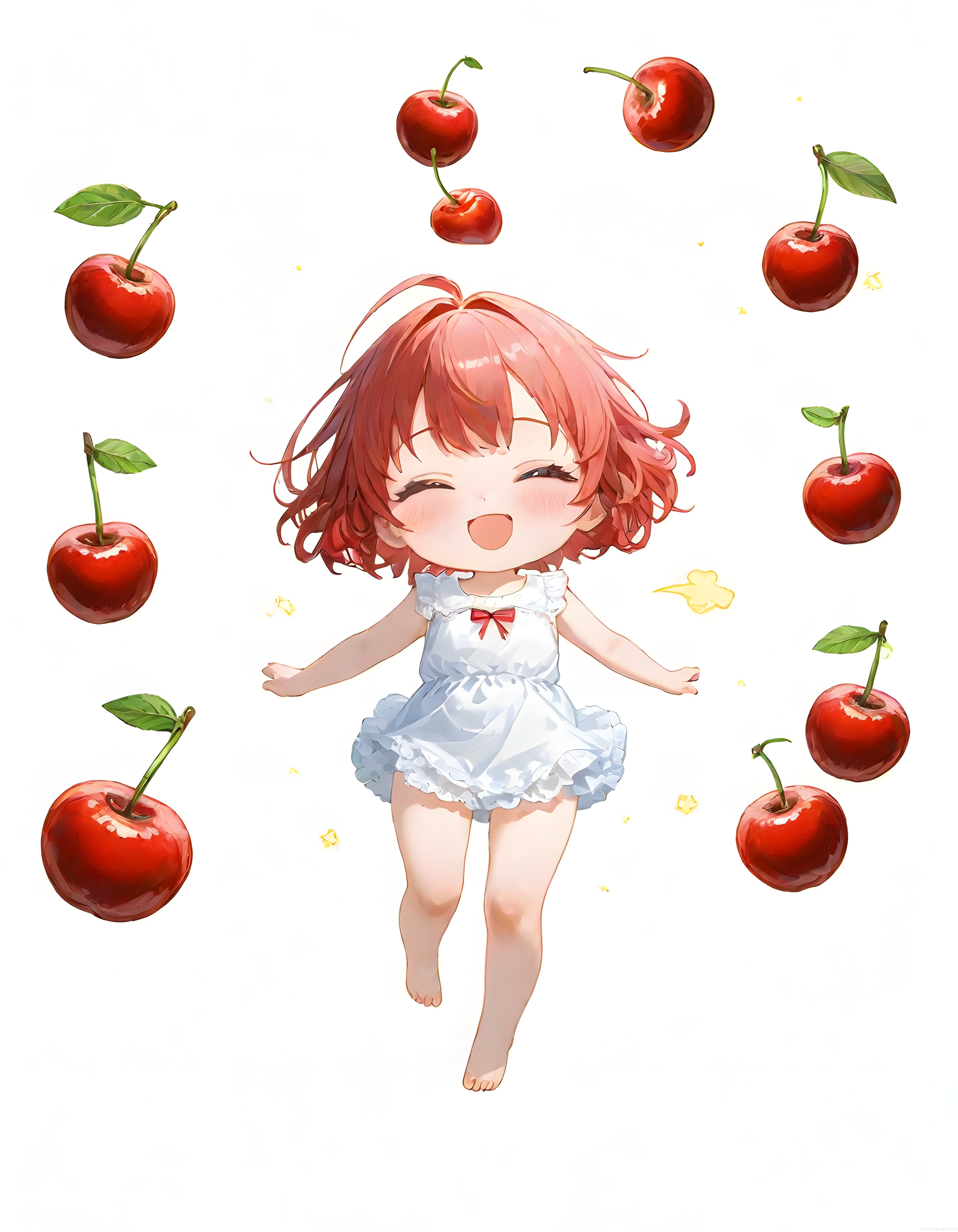 Etrafında Kirazlar Uçuşan Sevimli Chibi Anime Kızı Dijital İllüstrasyon