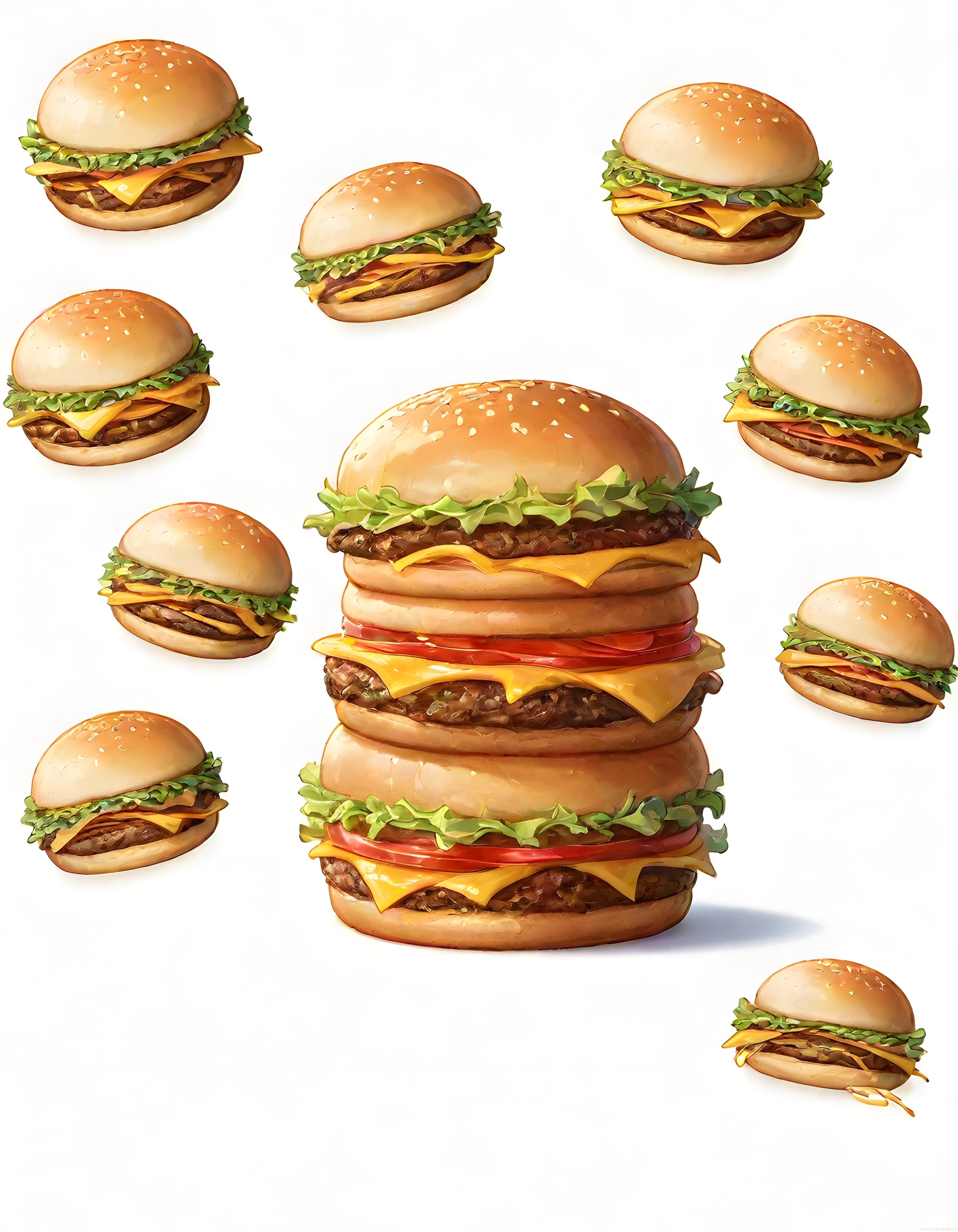 Etrafında Mini Burgerler Uçan Bir Dev Üç Katlı Cheeseburger İllüstrasyonu