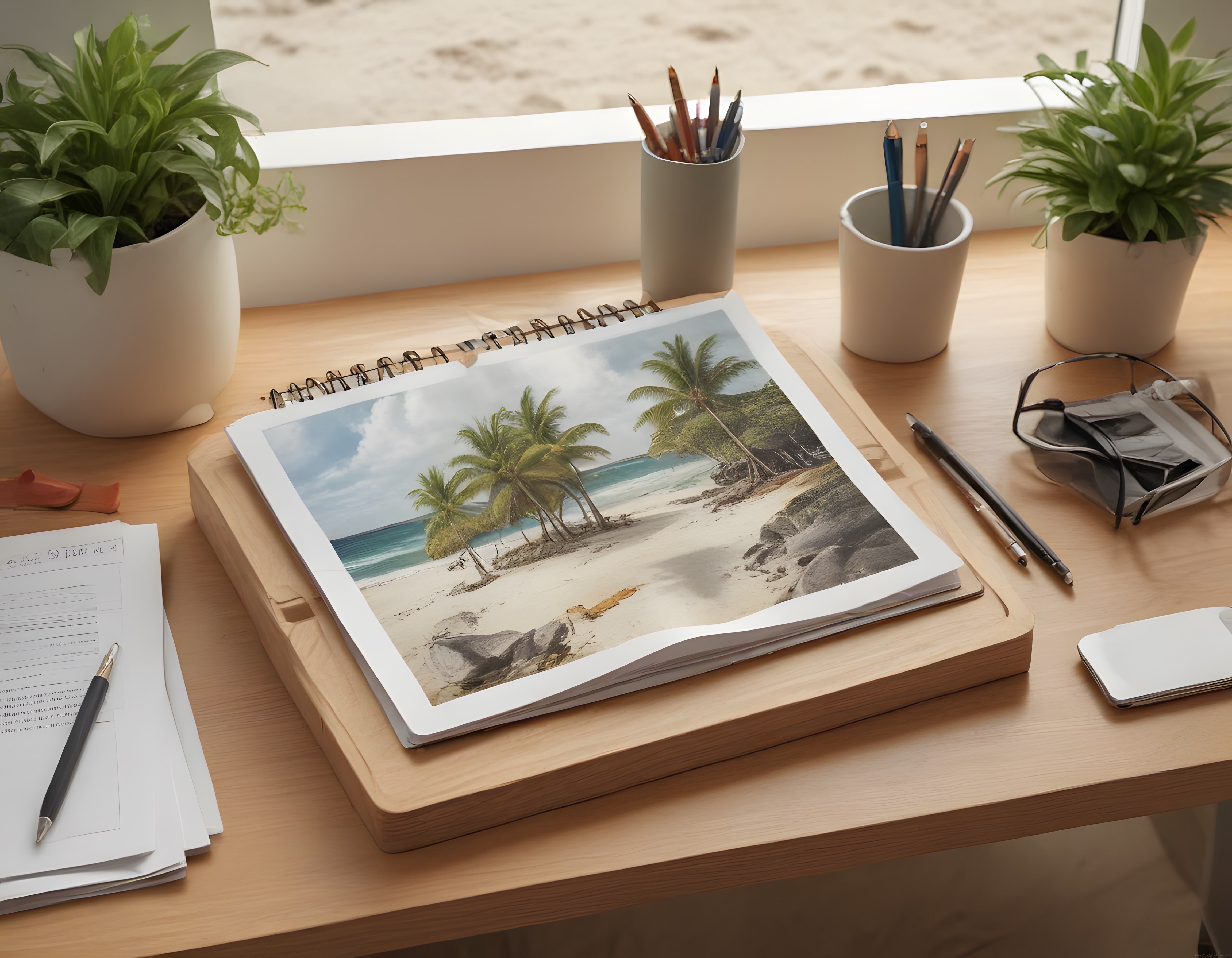 Ev Ofisinde Tropikal Plaj Fotoğraflı Spiralli Defter ve Minimal Masa Düzeni