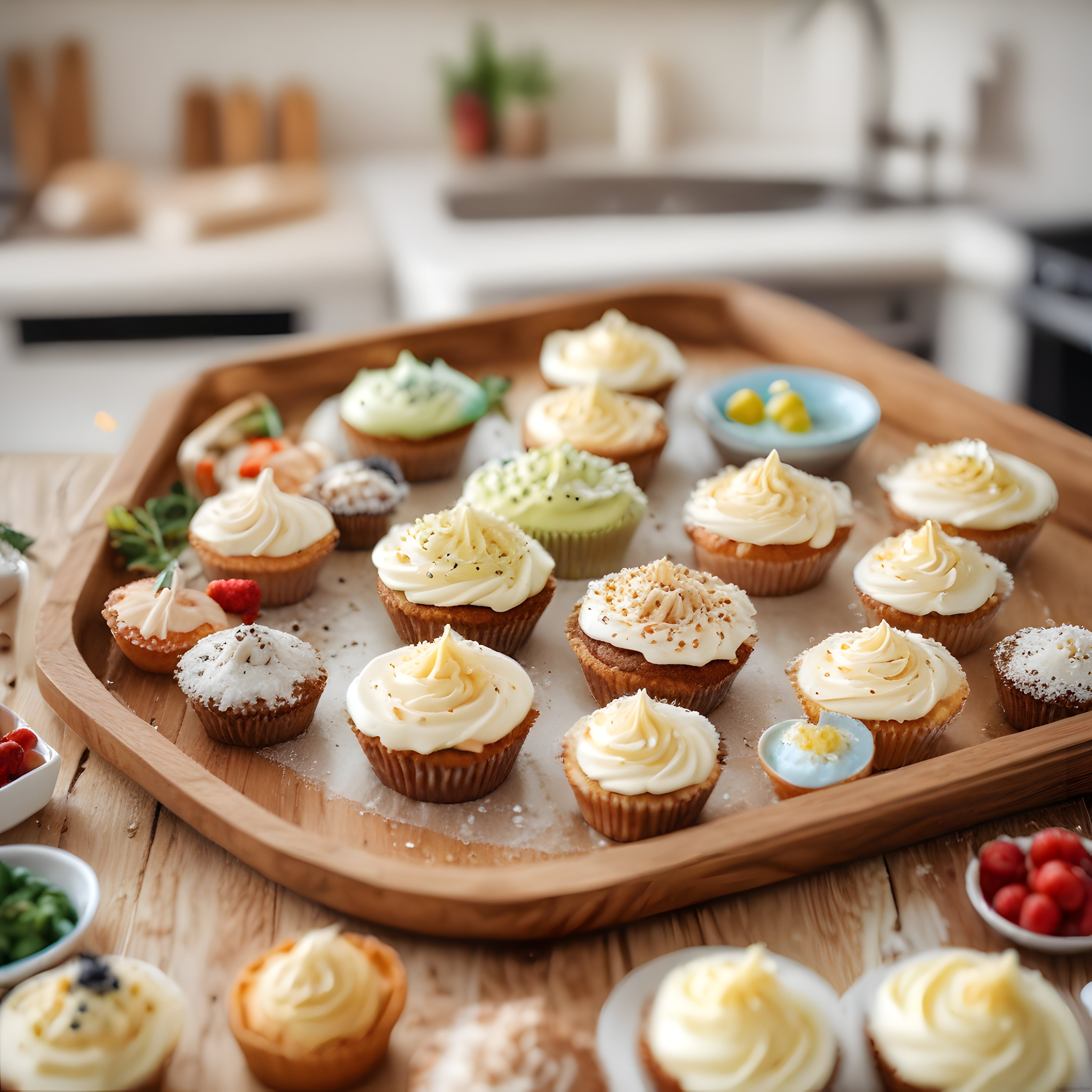 Ev Yapımı Ahşap Tepside Kremalı Kapkekler ve Renkli Muffin Sunumu