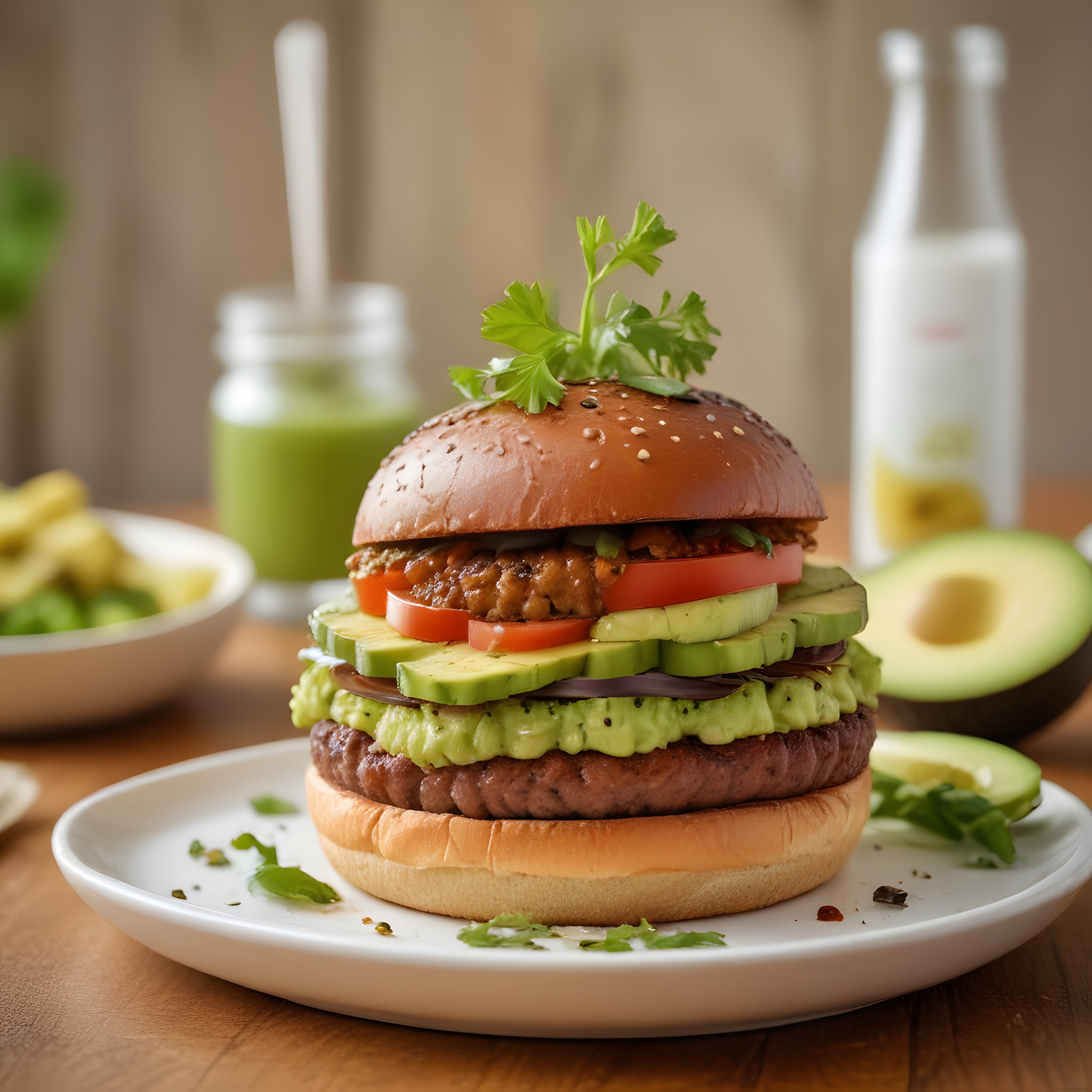 Ev Yapımı Avokadolu Katlı Burger ve Yeşil Smoothie Sunumu