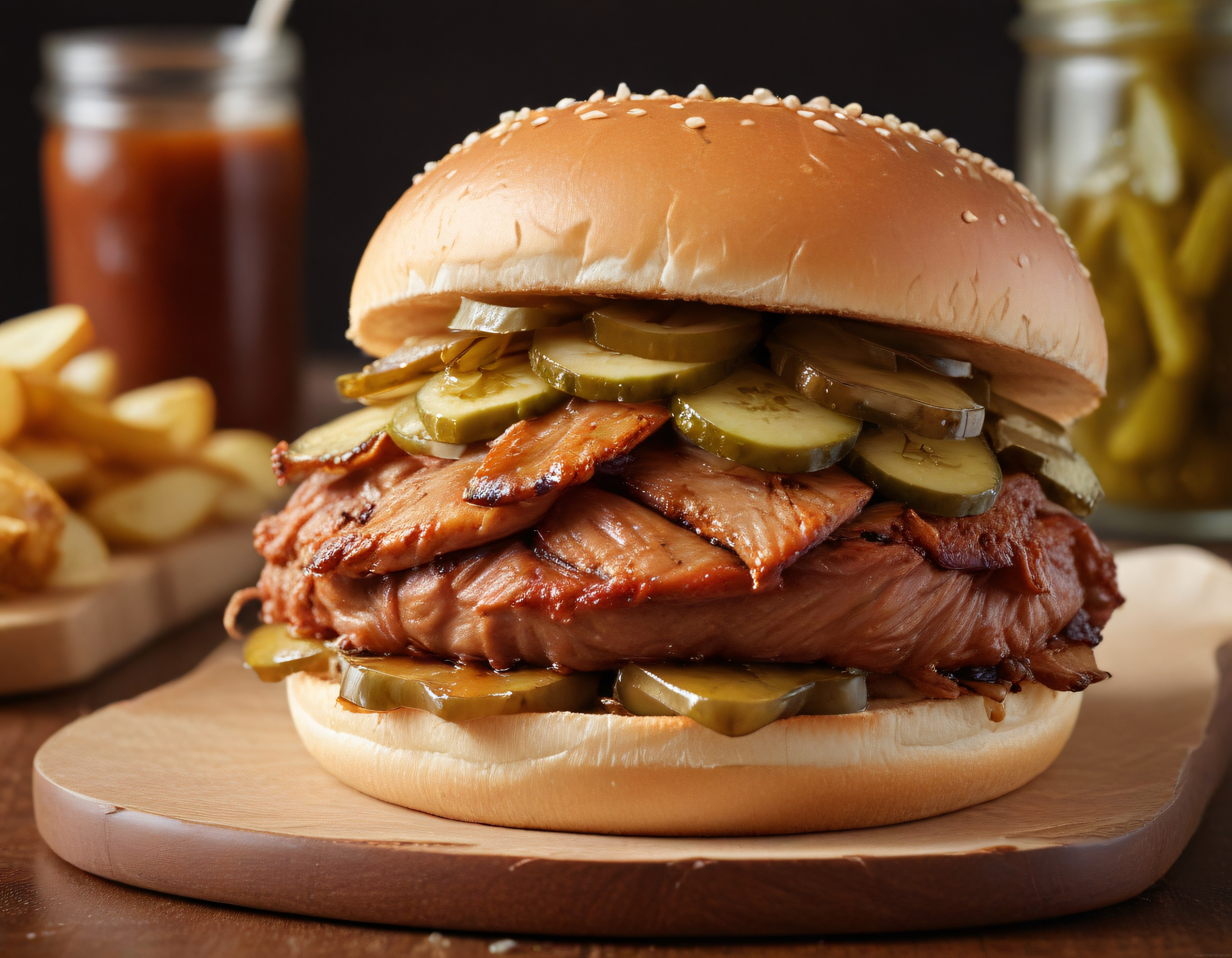 Ev Yapımı Barbekü Soslu Füme Et ve Bol Turşu Dolgulu Susamlı Burger