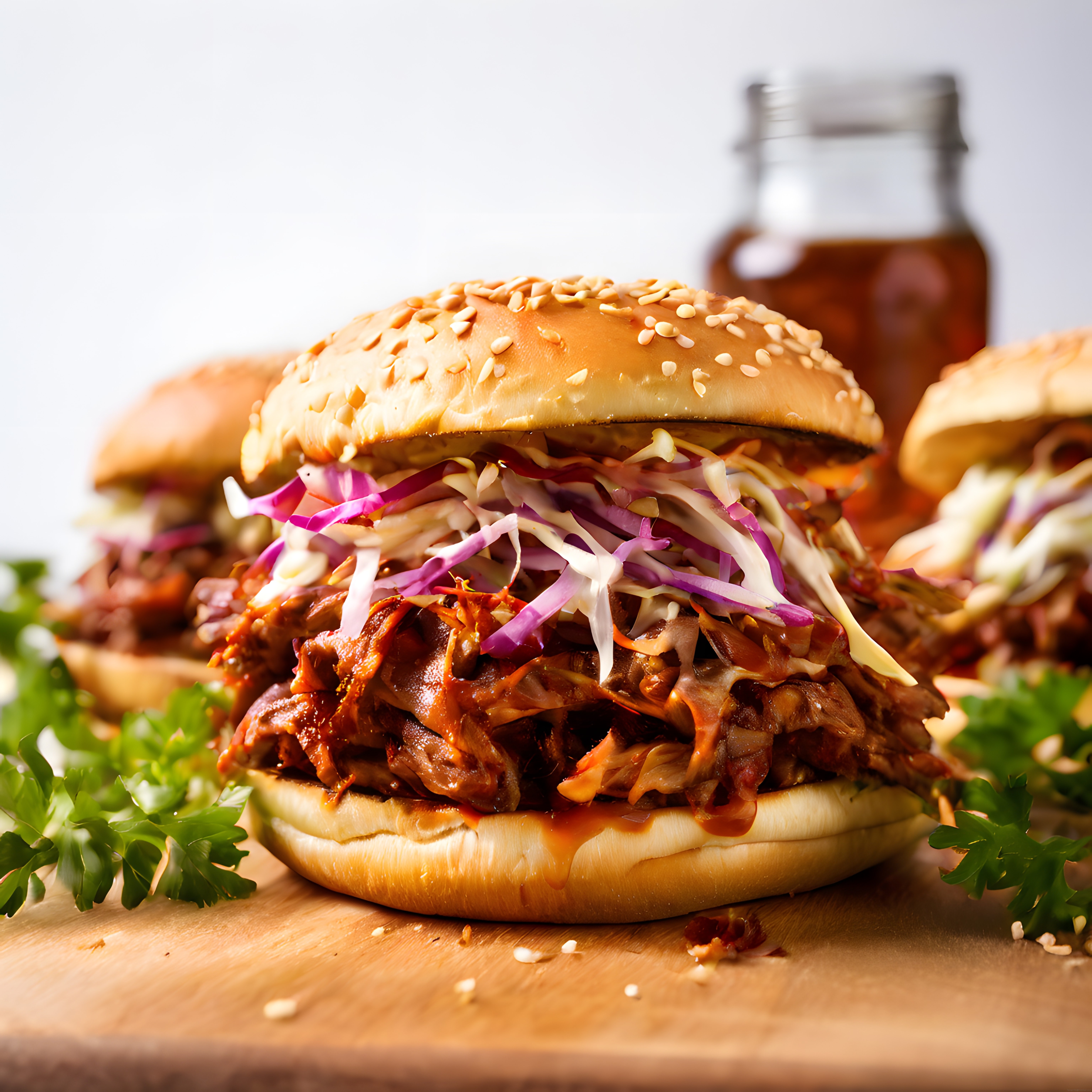 ev yapımı barbekü soslu pulled pork burger ve coleslaw sunumu