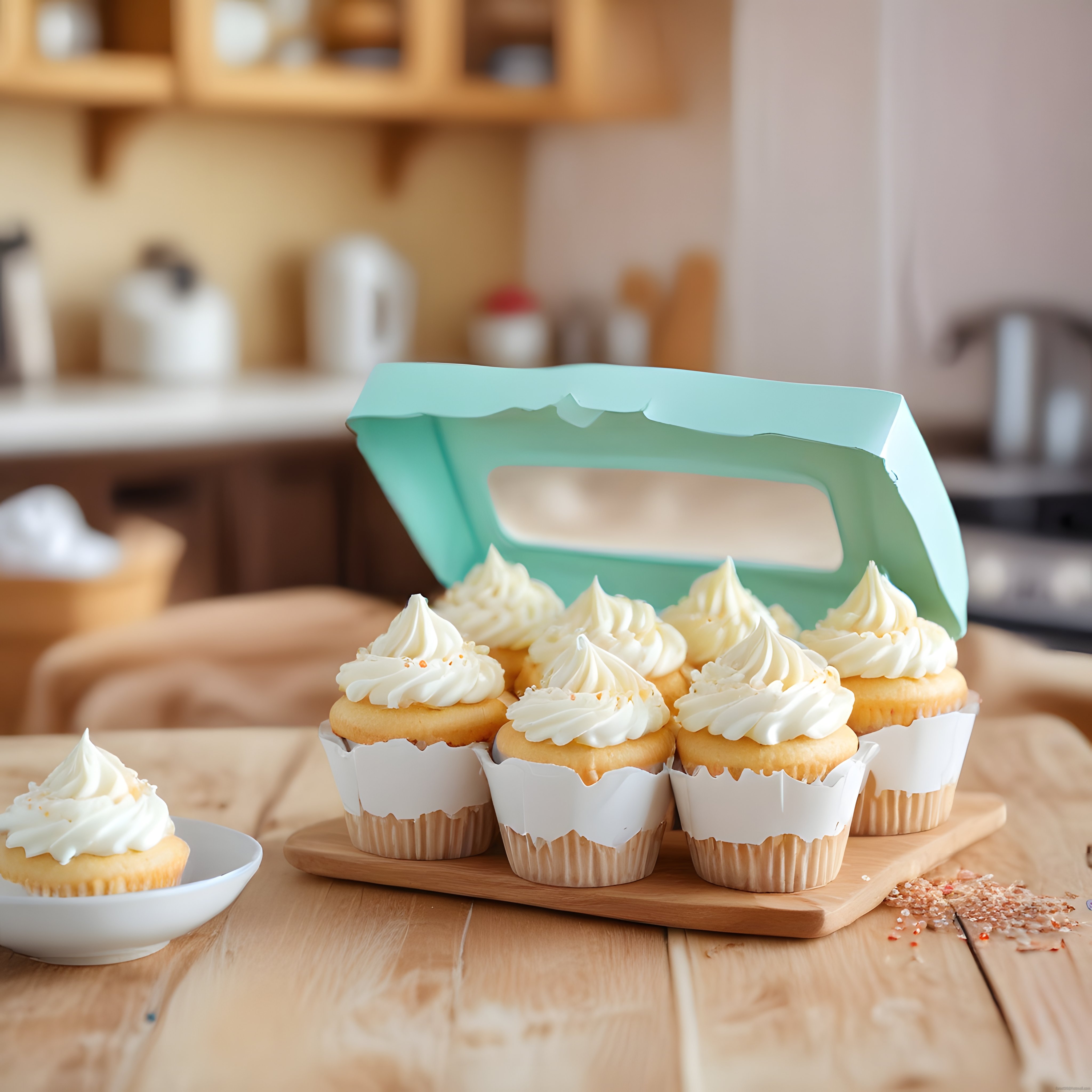Ev Yapımı Beyaz Krema Süslemeli Cupcake'ler ve Şık Taşıma Kutusu