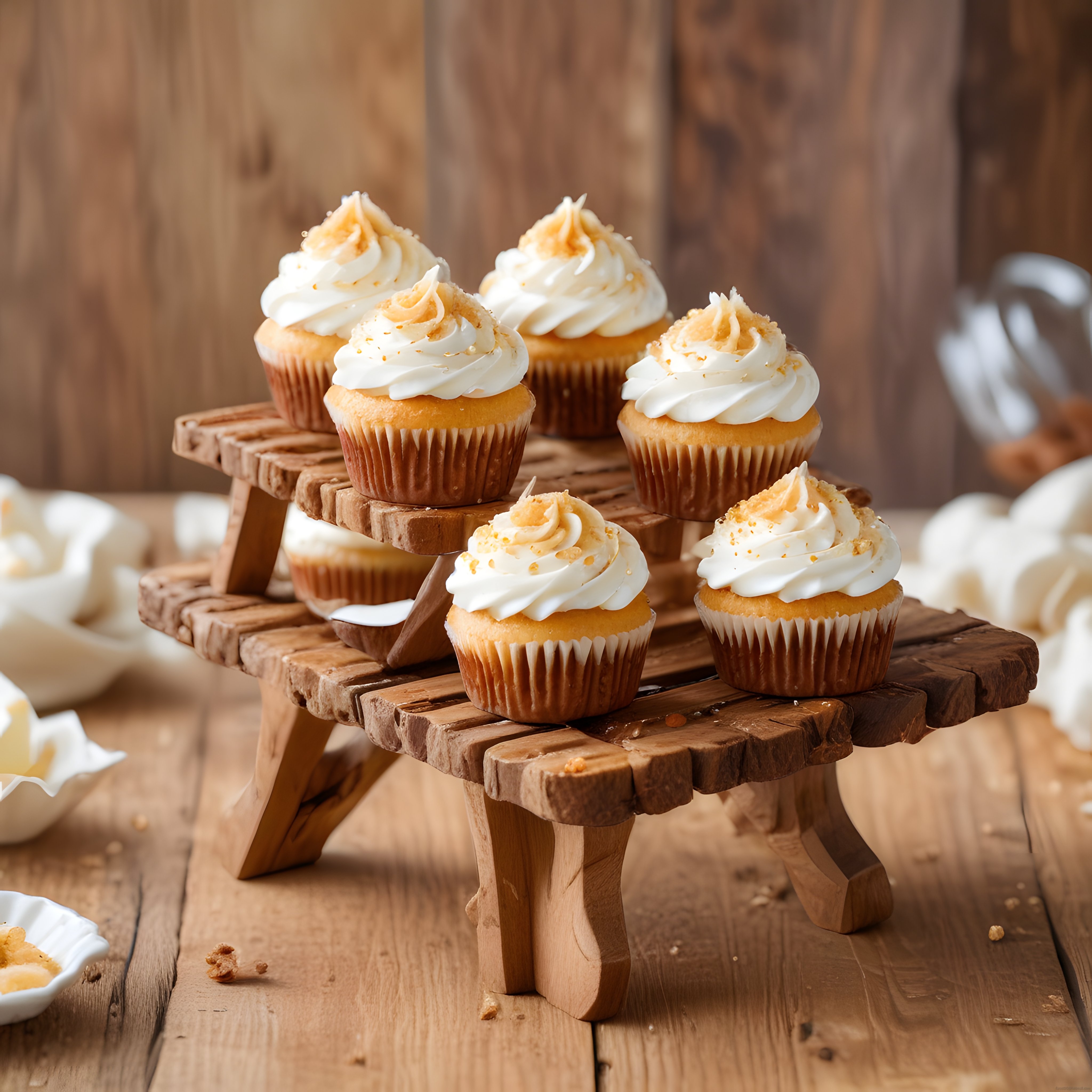 Ev Yapımı Beyaz Kremalı Cupcake'ler Ahşap Rustik Sunum Standında