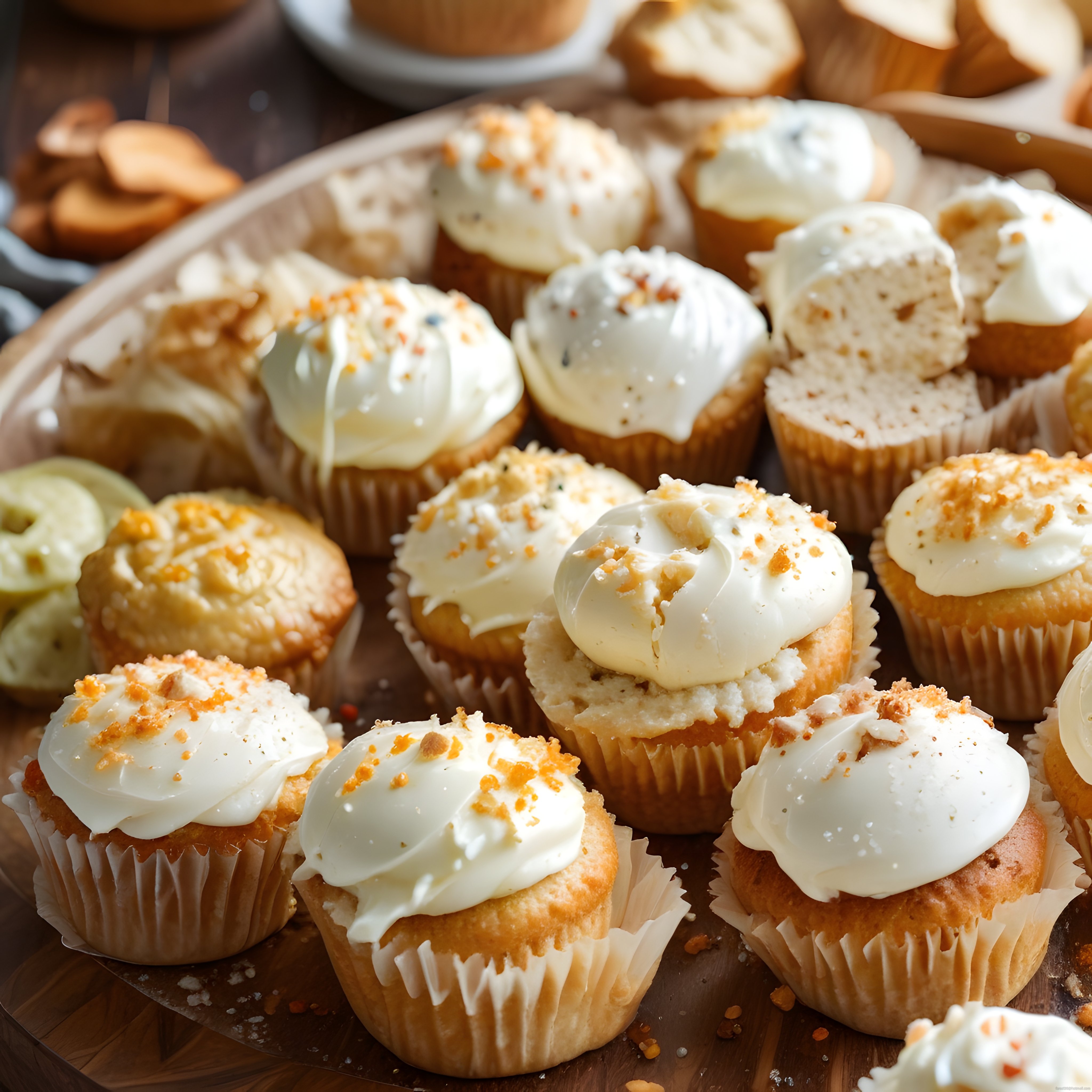 Ev yapımı beyaz kremalı cupcakeler, kıtır süslemelerle ahşap sunum tepsisinde