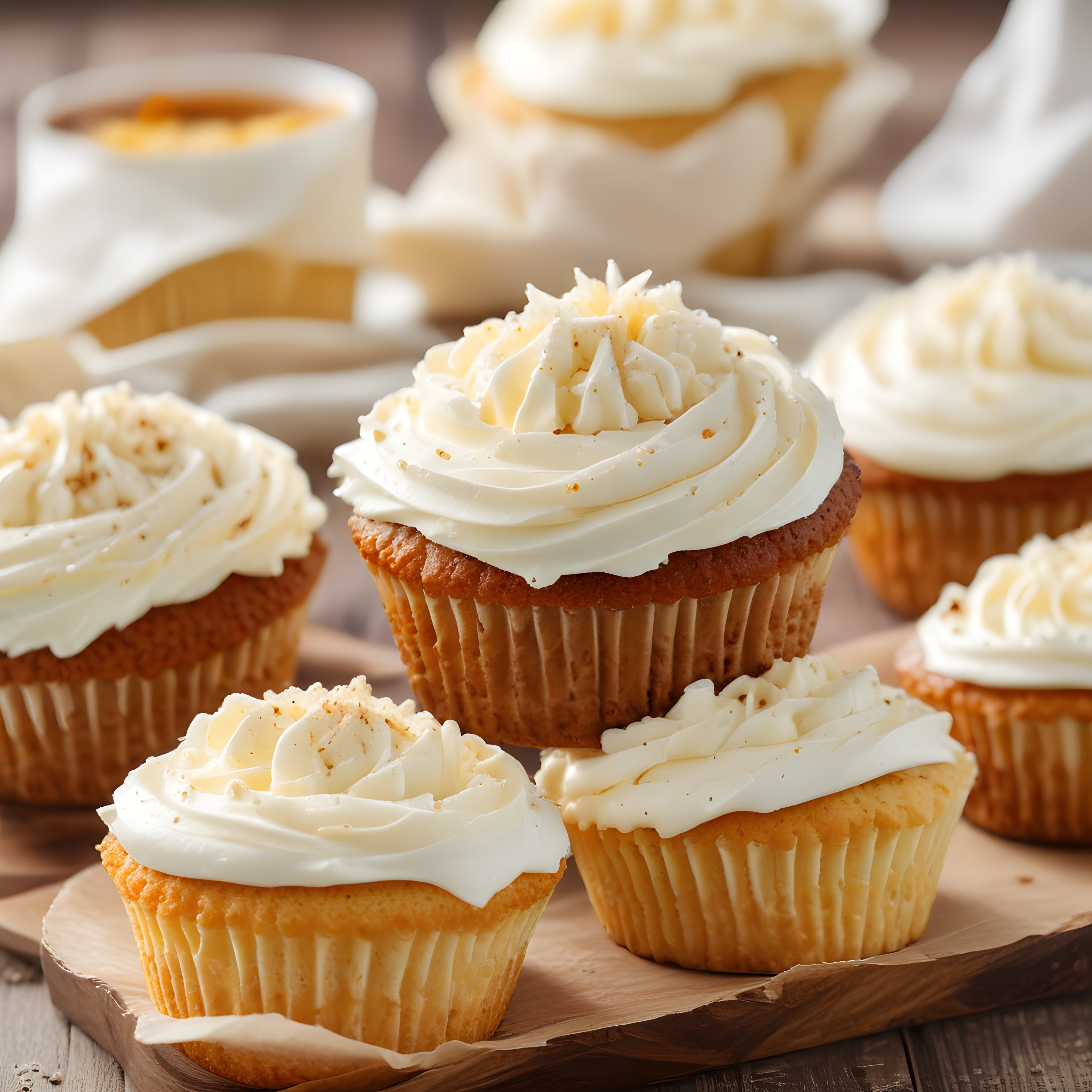 Ev Yapımı Beyaz Kremalı Vanilya Cupcakeler ve Sıcak Çay Eşliğinde Sunum
