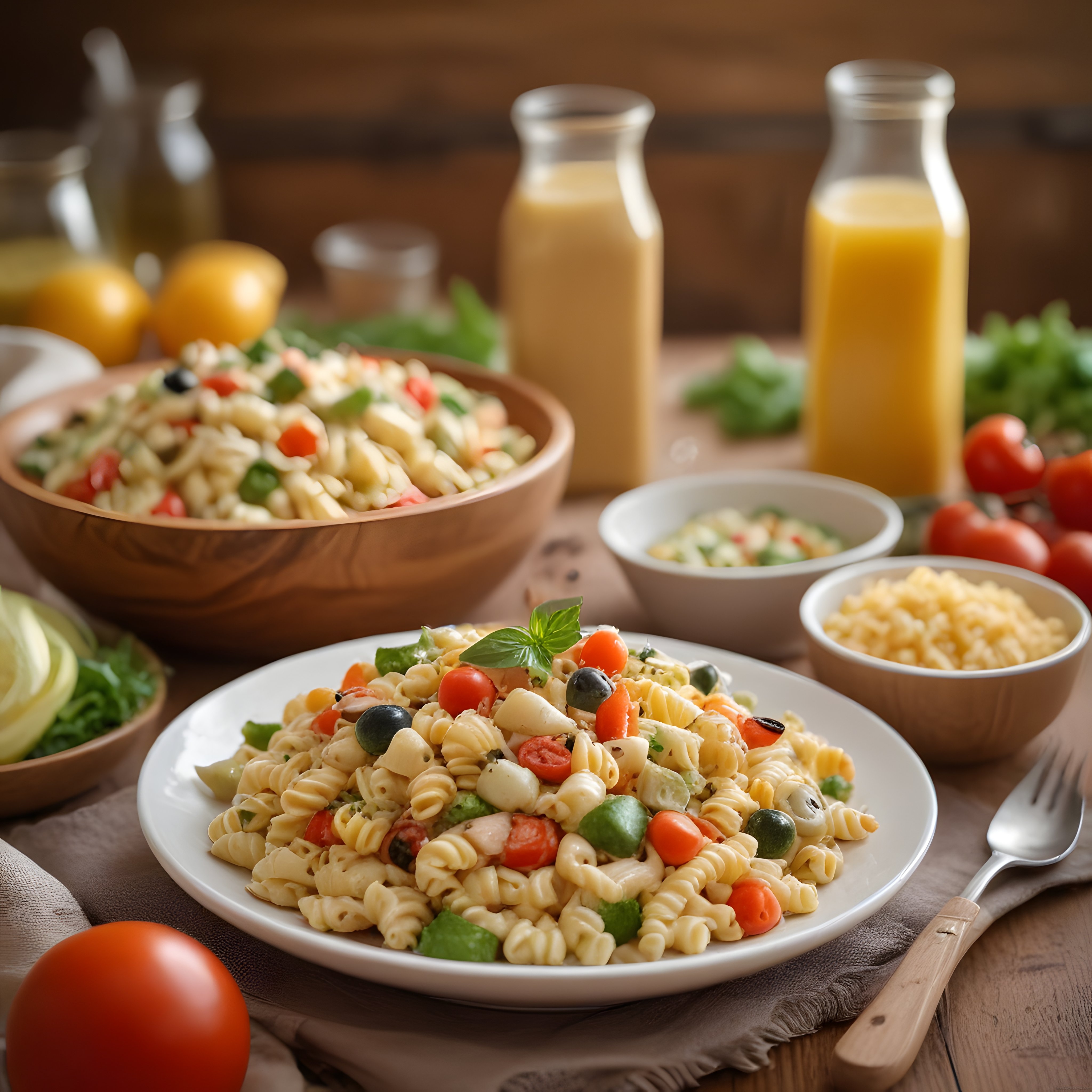 Ev Yapımı Burgu Makarna Salatası Taze Sebzeler Zeytin ve Kremalı Sos Eşliğinde