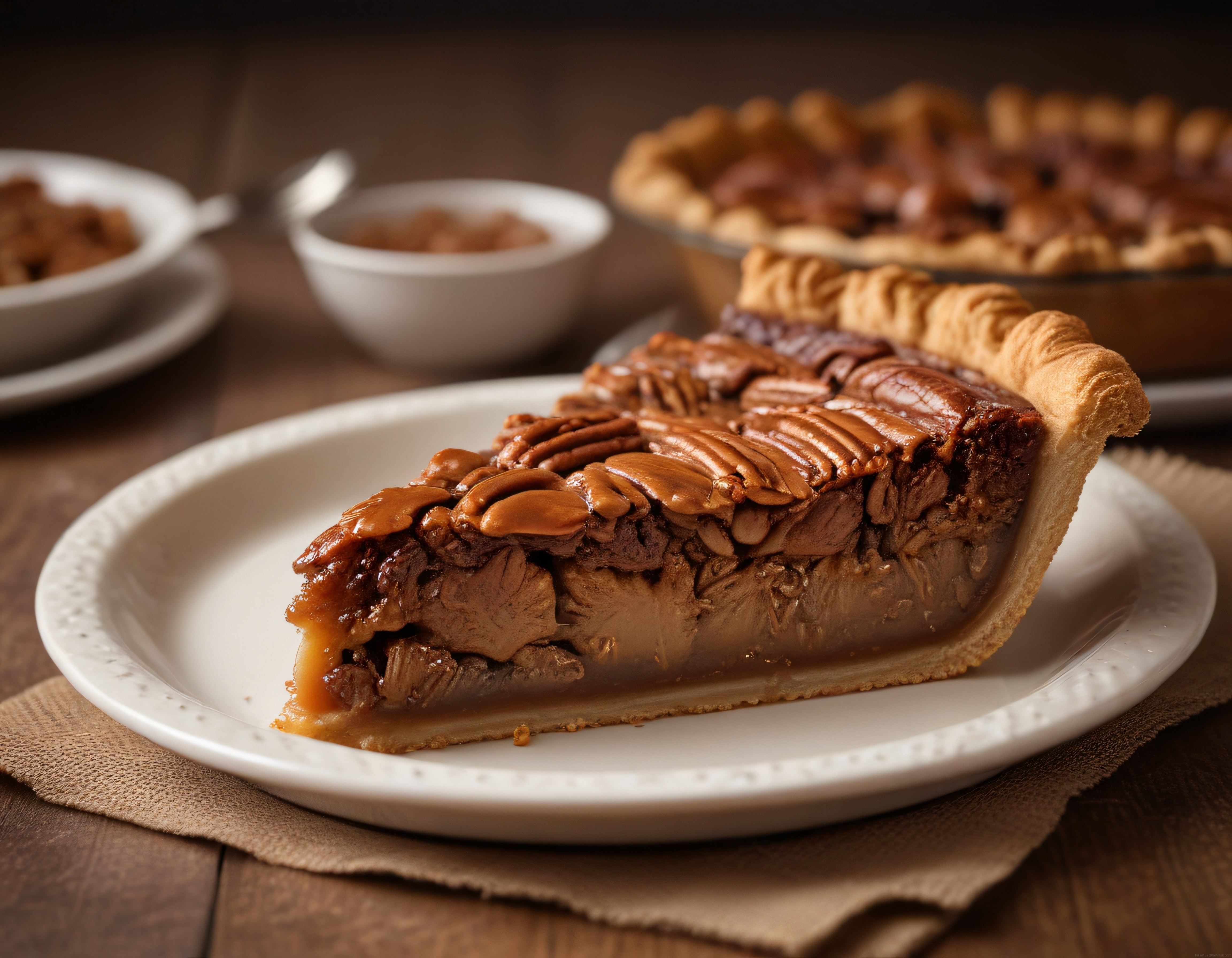 Ev Yapımı Cevizli Pecan Pie Dilimi ve Karamelize Üstüyle Rustik Sunum