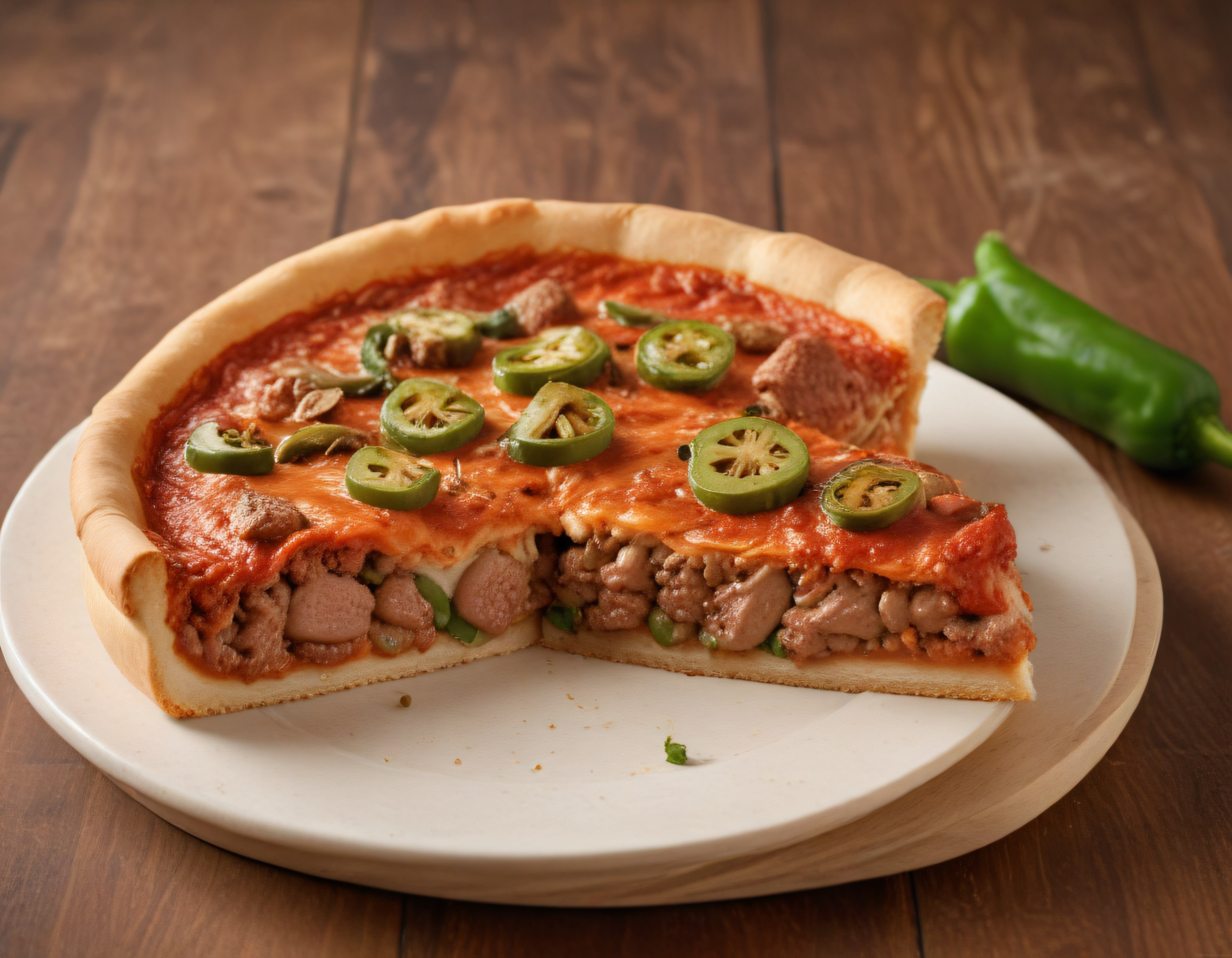 Ev Yapımı Chicago Usulü Derin Tabanlı Tavuklu ve Jalapenolu Pizza
