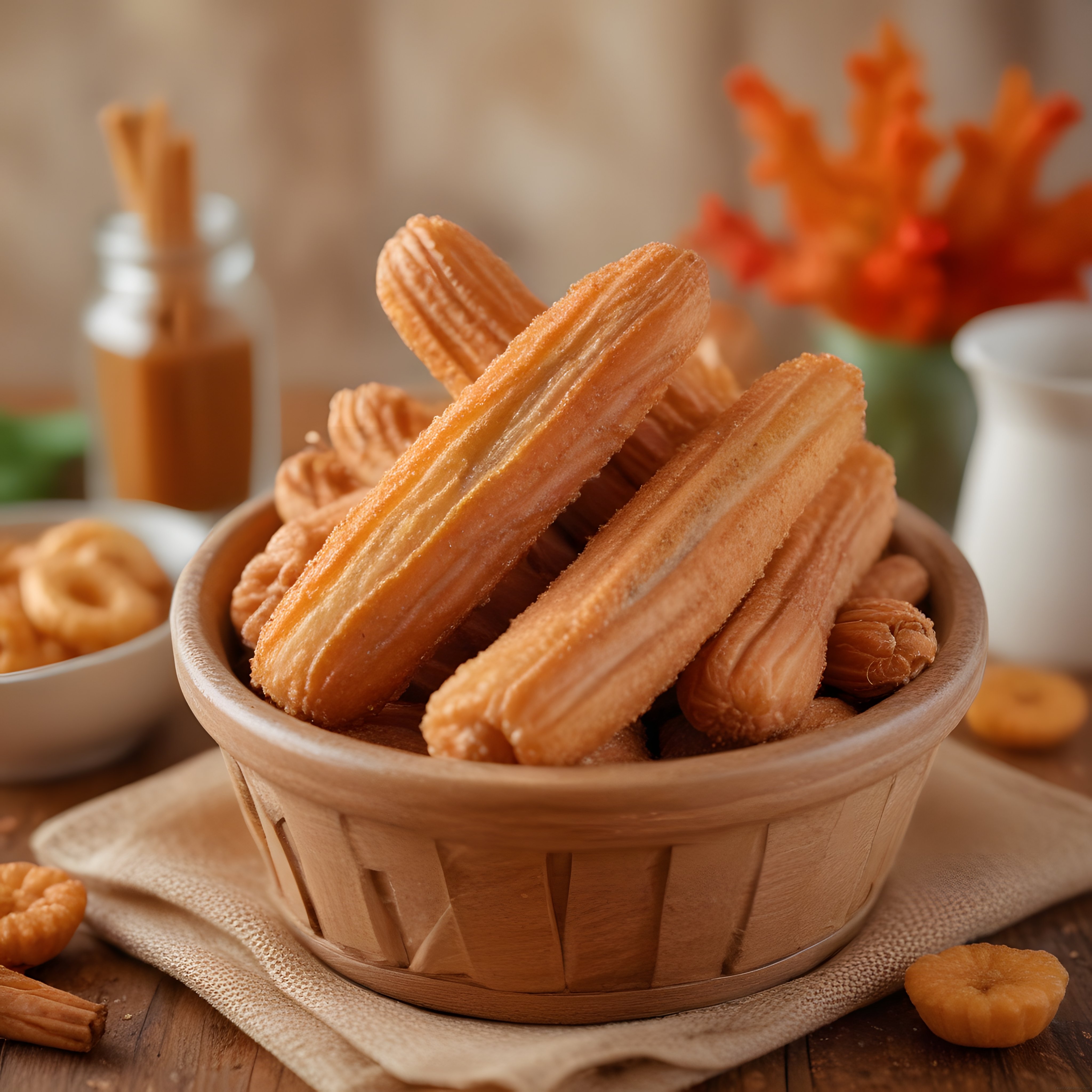Ev yapımı churros tatlısı ahşap sunum sepetinde sıcak servis ediliyor