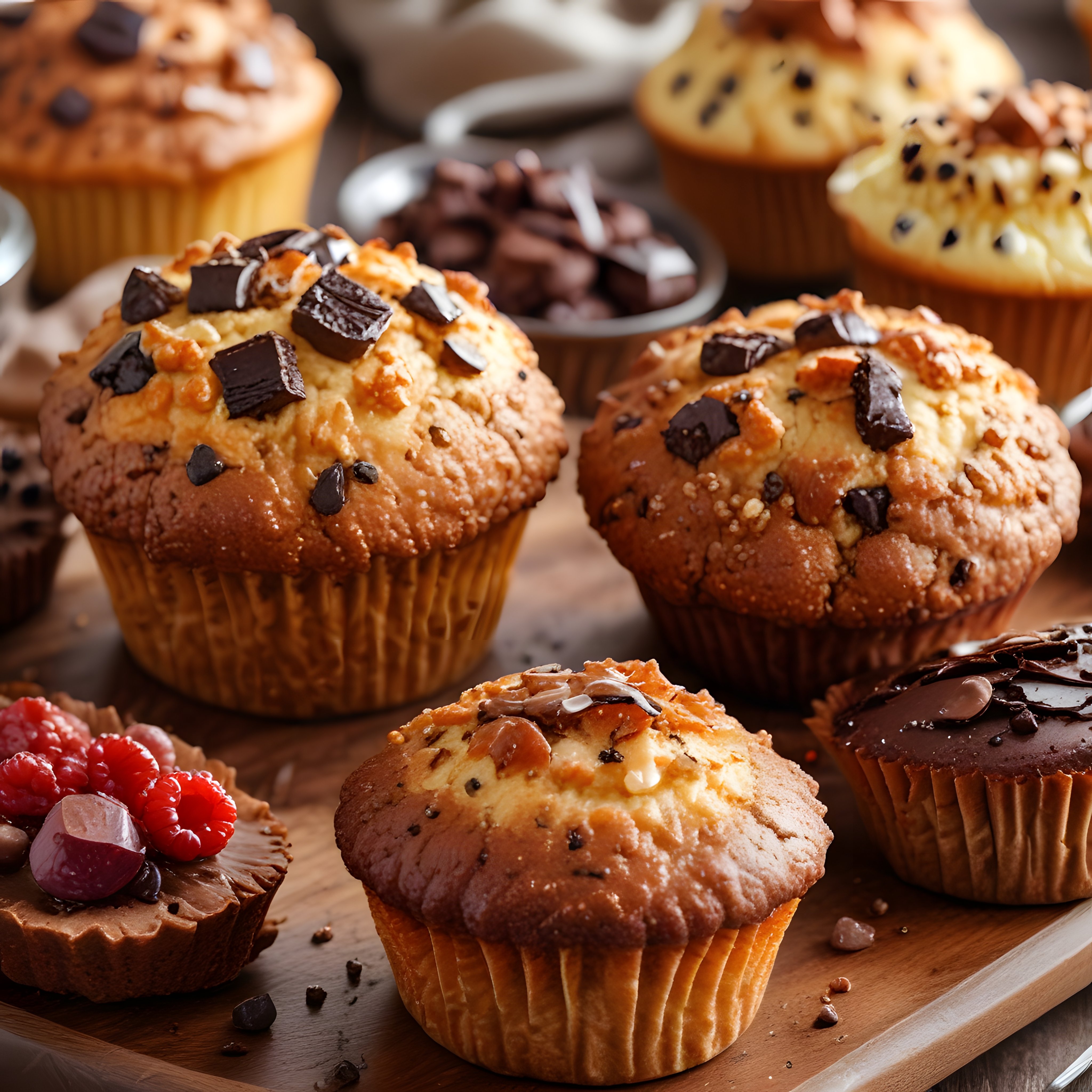 Ev Yapımı Çikolatalı Muffinler ve Frambuazlı Tatlılar Ahşap Sunumda