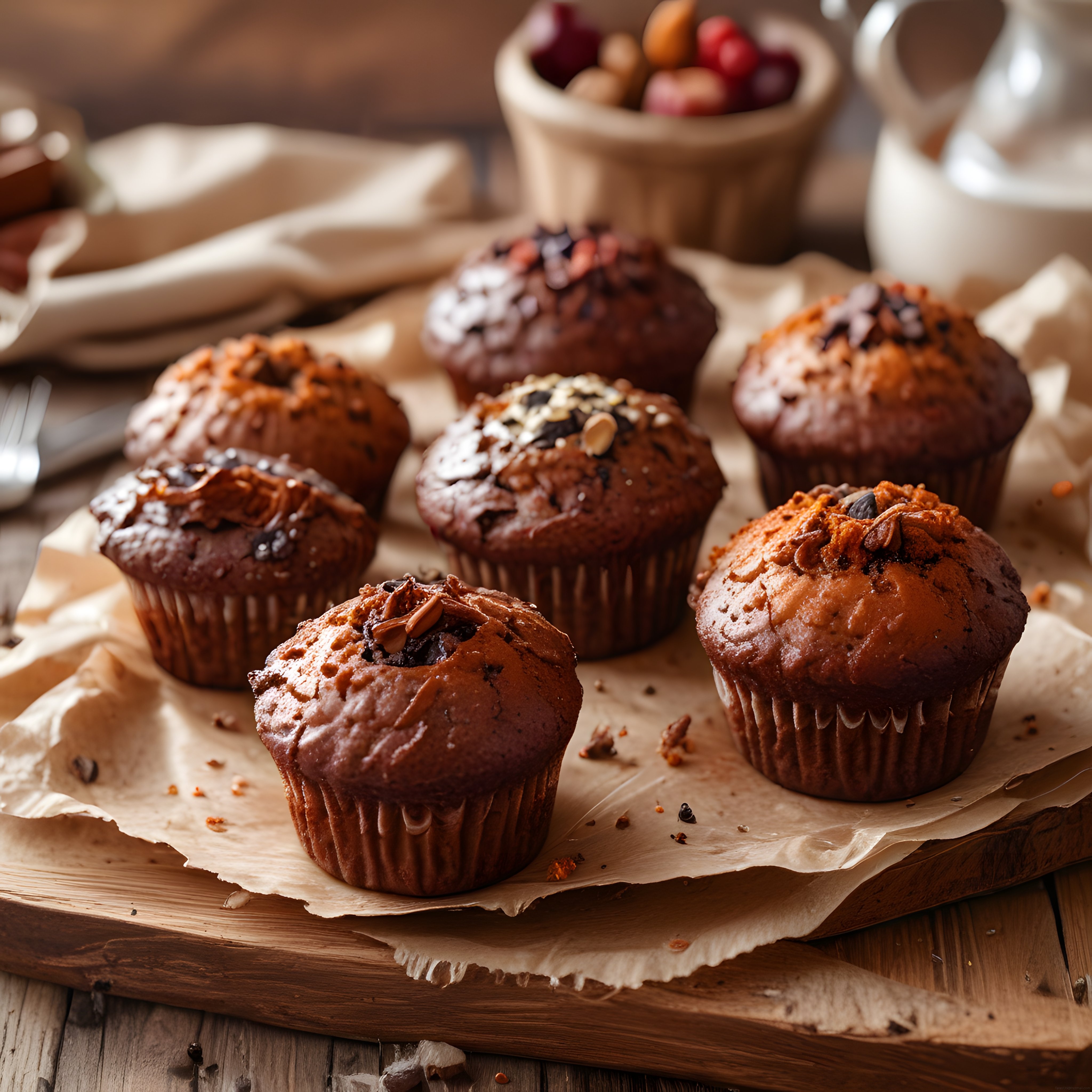 Ev yapımı çikolatalı ve fındıklı muffinlerin rustik ahşap sunumu
