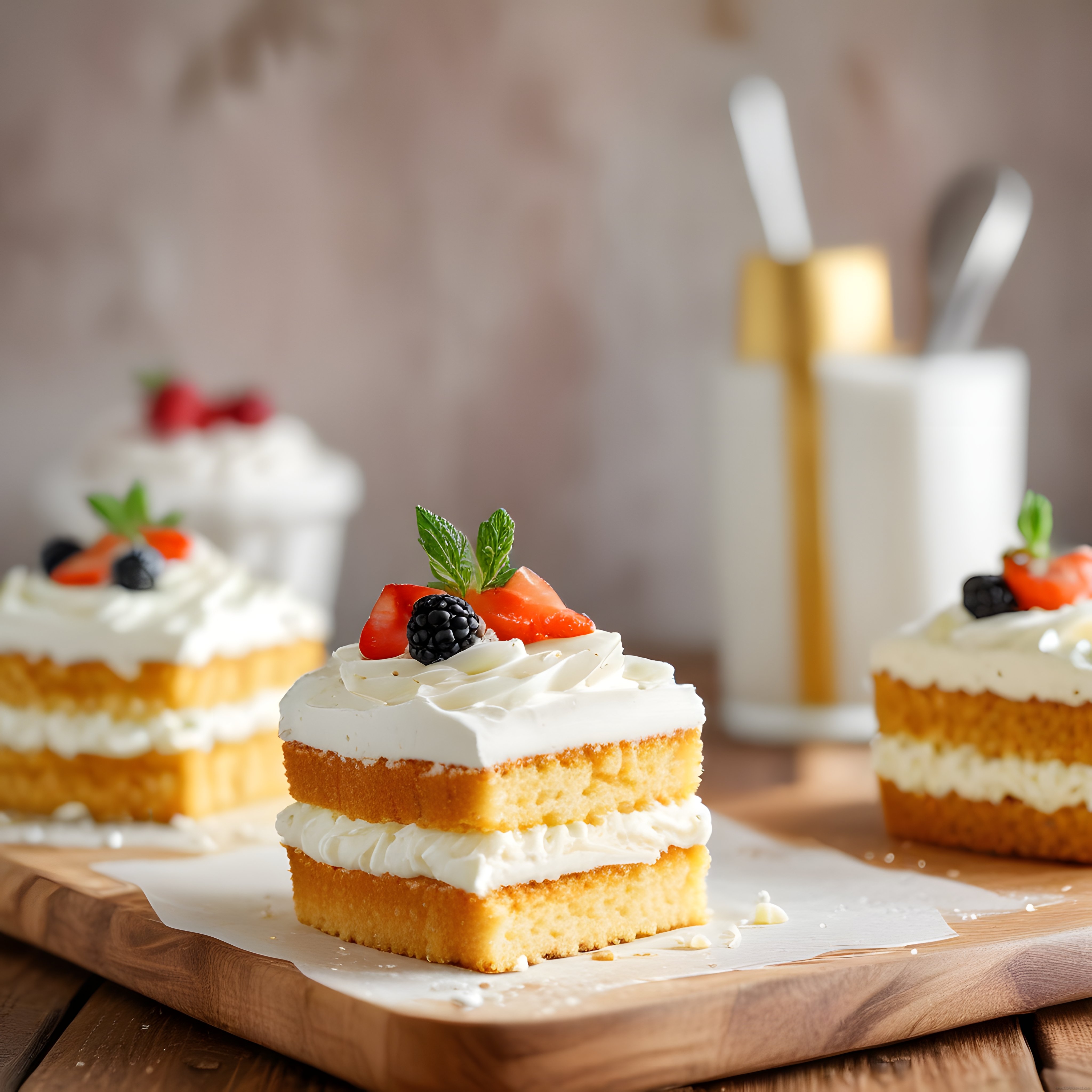 Ev yapımı çilekli böğürtlenli kremalı katlı mini pasta dilimleri