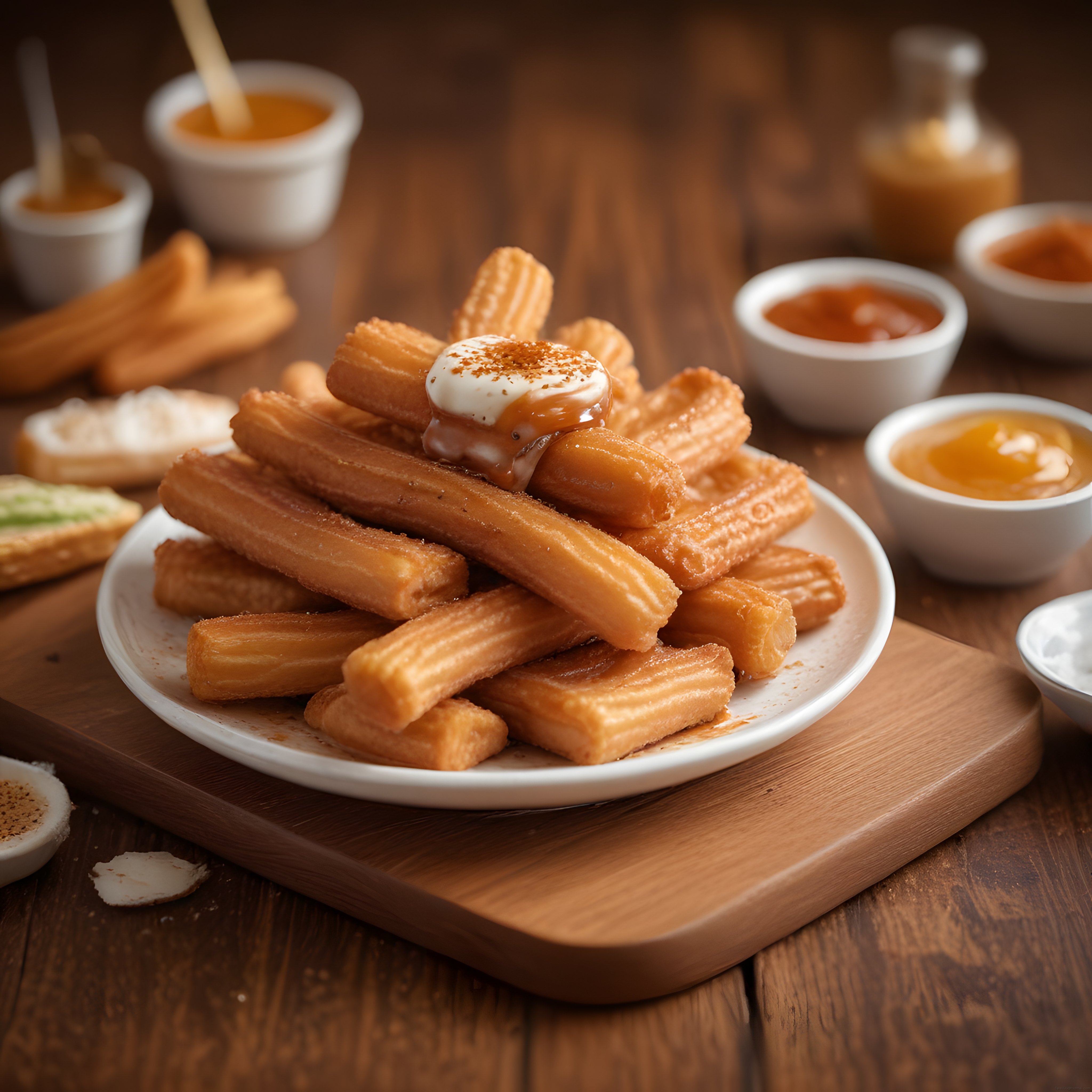 Ev Yapımı Çıtır Churros: Karamel ve Krema Soslu Ahşap Masa Sunumu
