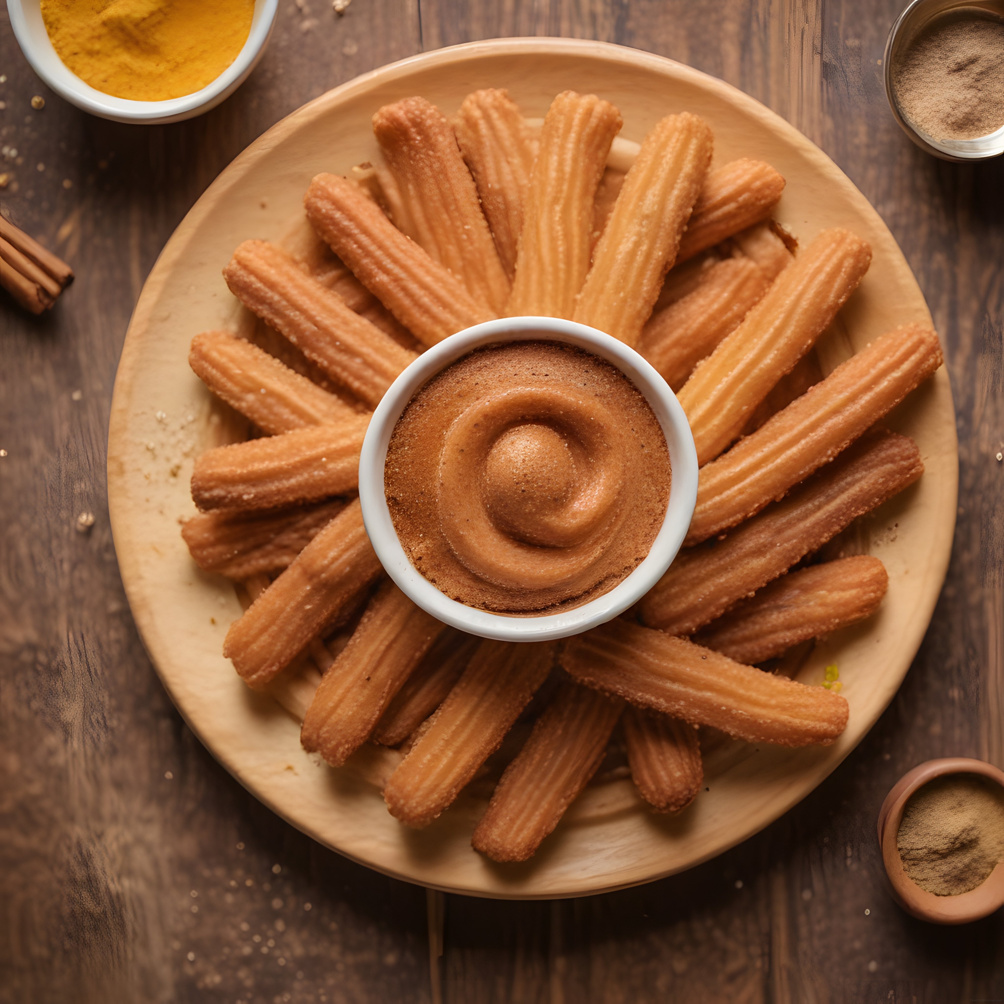 Ev Yapımı Çıtır Churros ve Sıcak Çikolata Soslu Rustik Ahşap Masa Sunumu