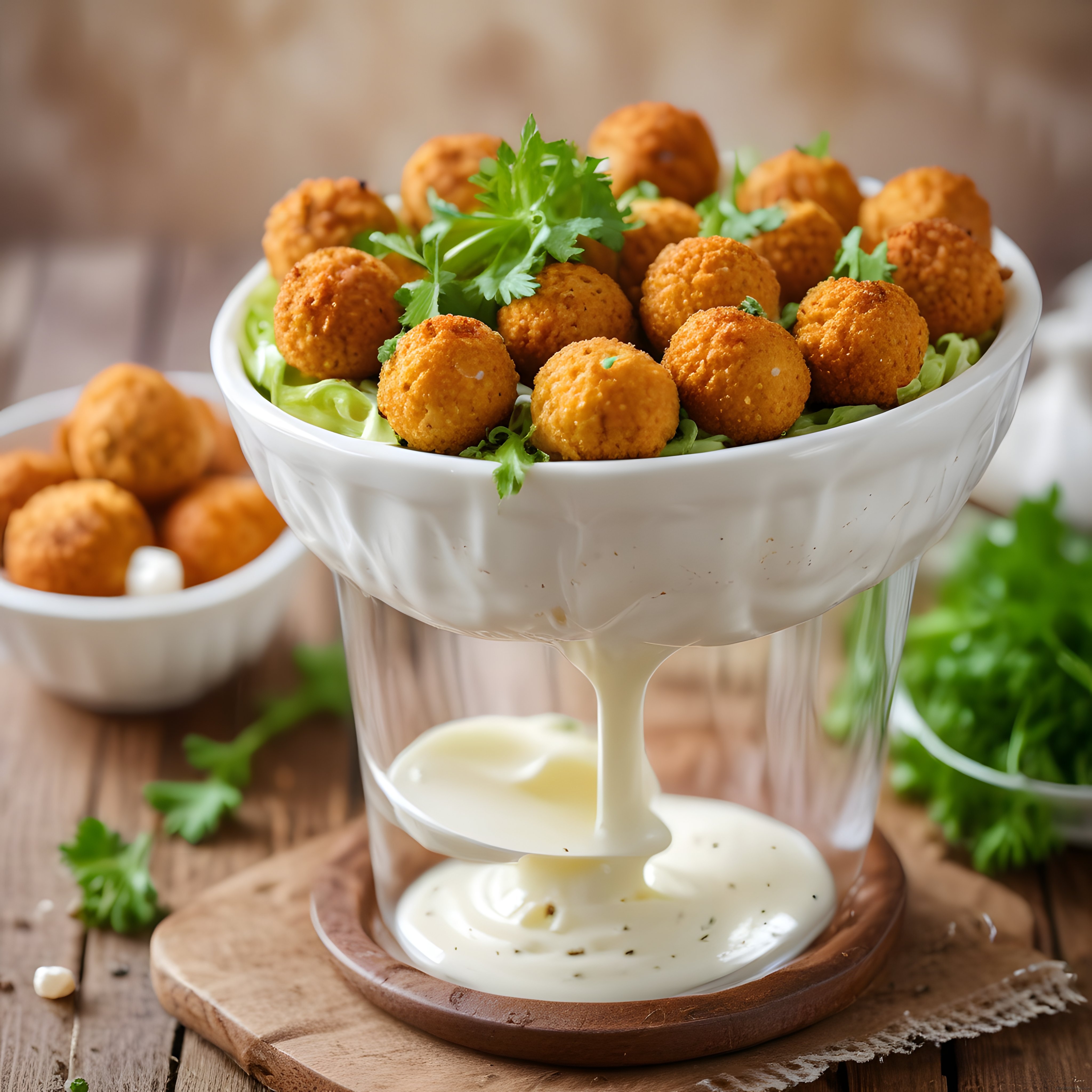 Ev Yapımı Çıtır Falafel Topları ve Taze Yeşilliklerle Rustik Masa Sunumu