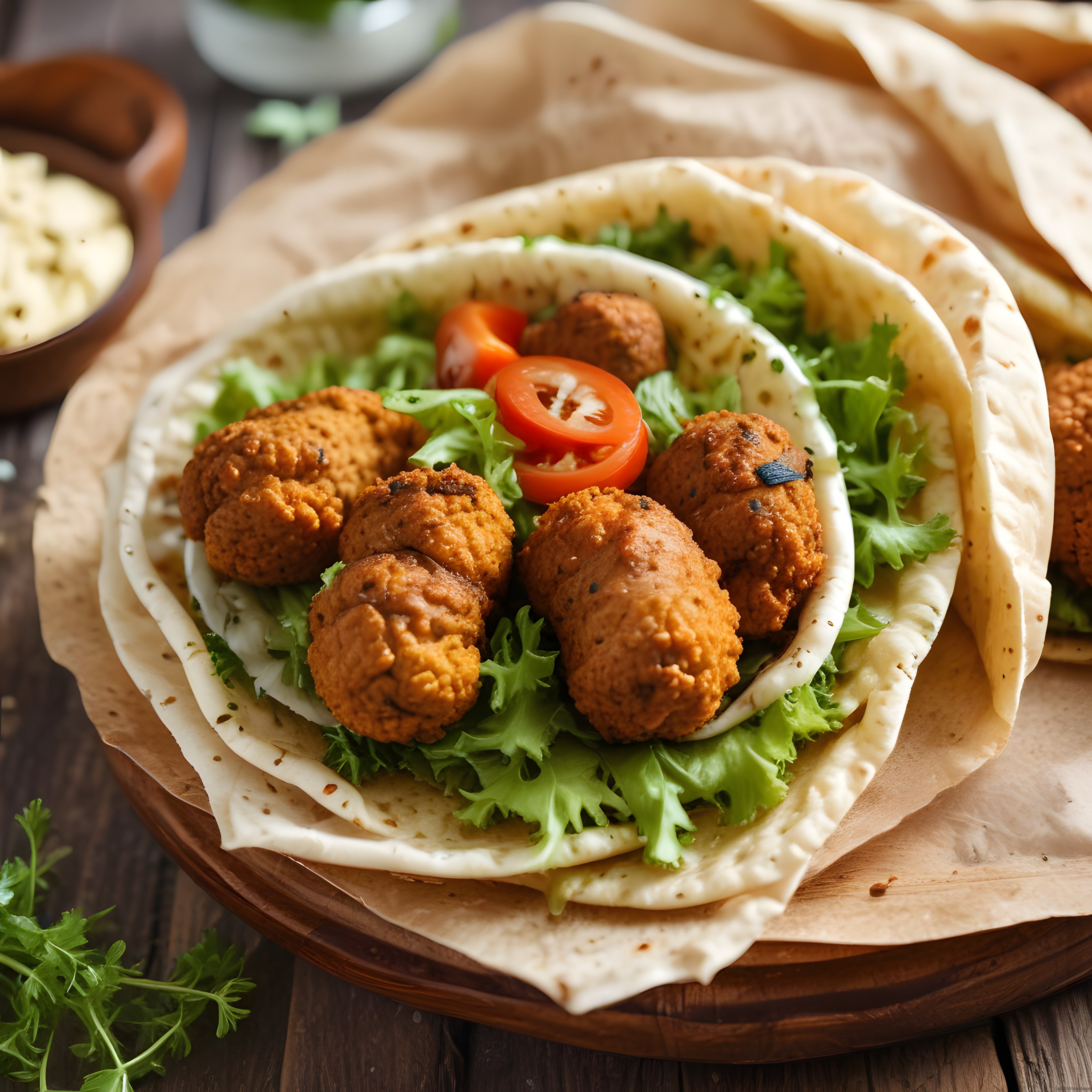 Ev Yapımı Çıtır Falafel ve Taze Sebzelerle Lavaş Dürüm Sunumu