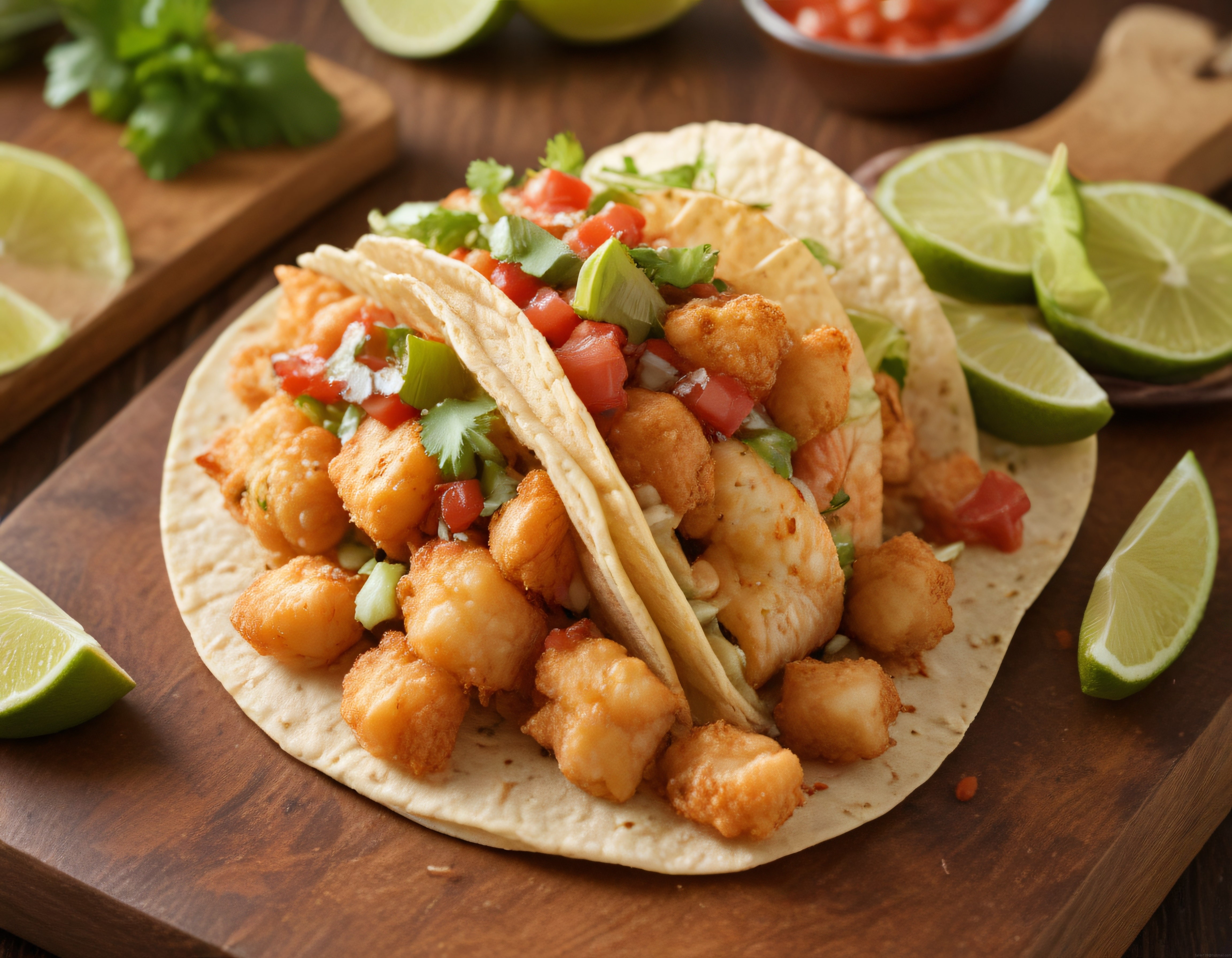 ev yapımı çıtır karides tacos, taze salsa ve limonlu meksika lezzeti