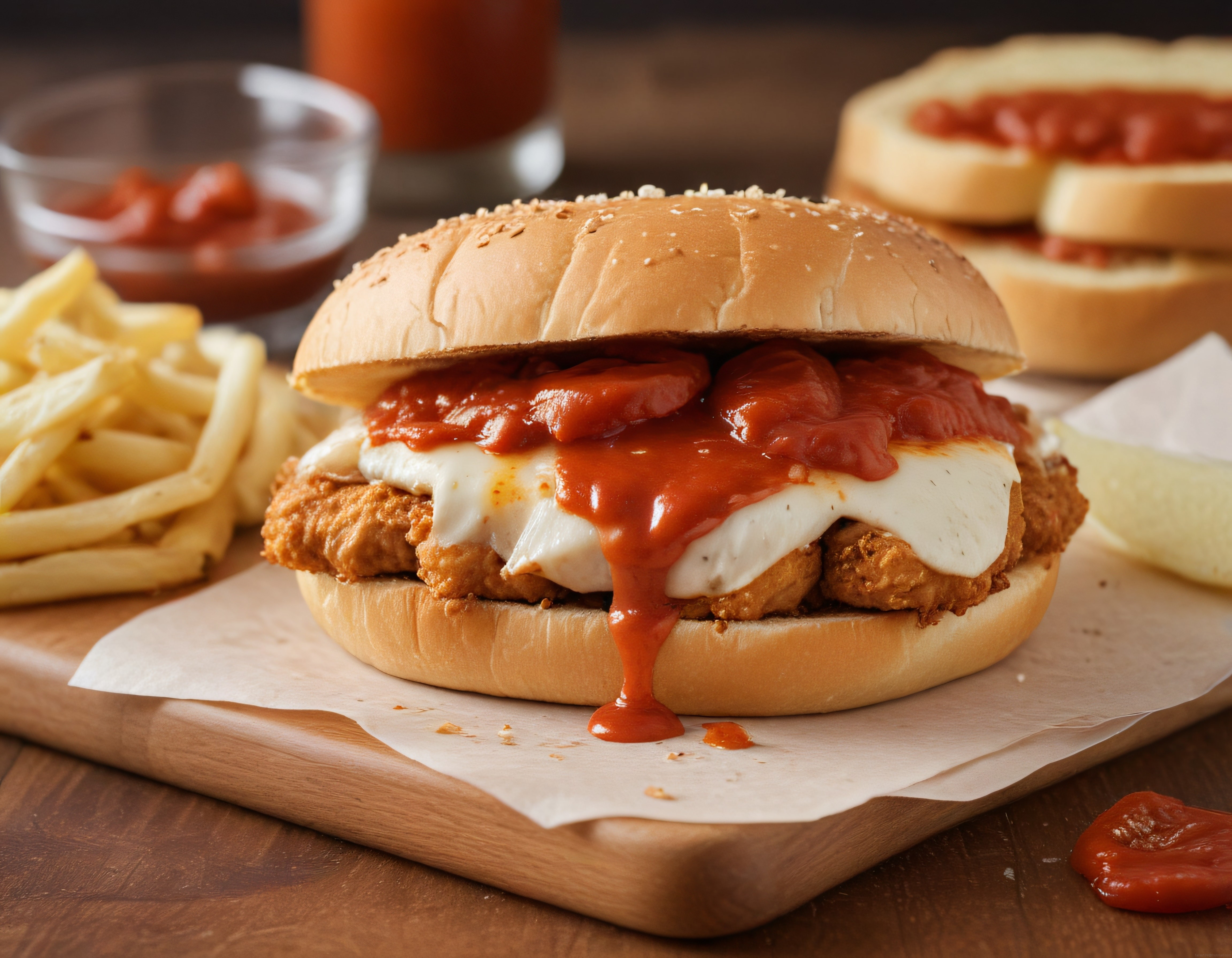 Ev Yapımı Çıtır Tavuklu Domates Soslu Mozzarella Burger ve Patates Kızartması