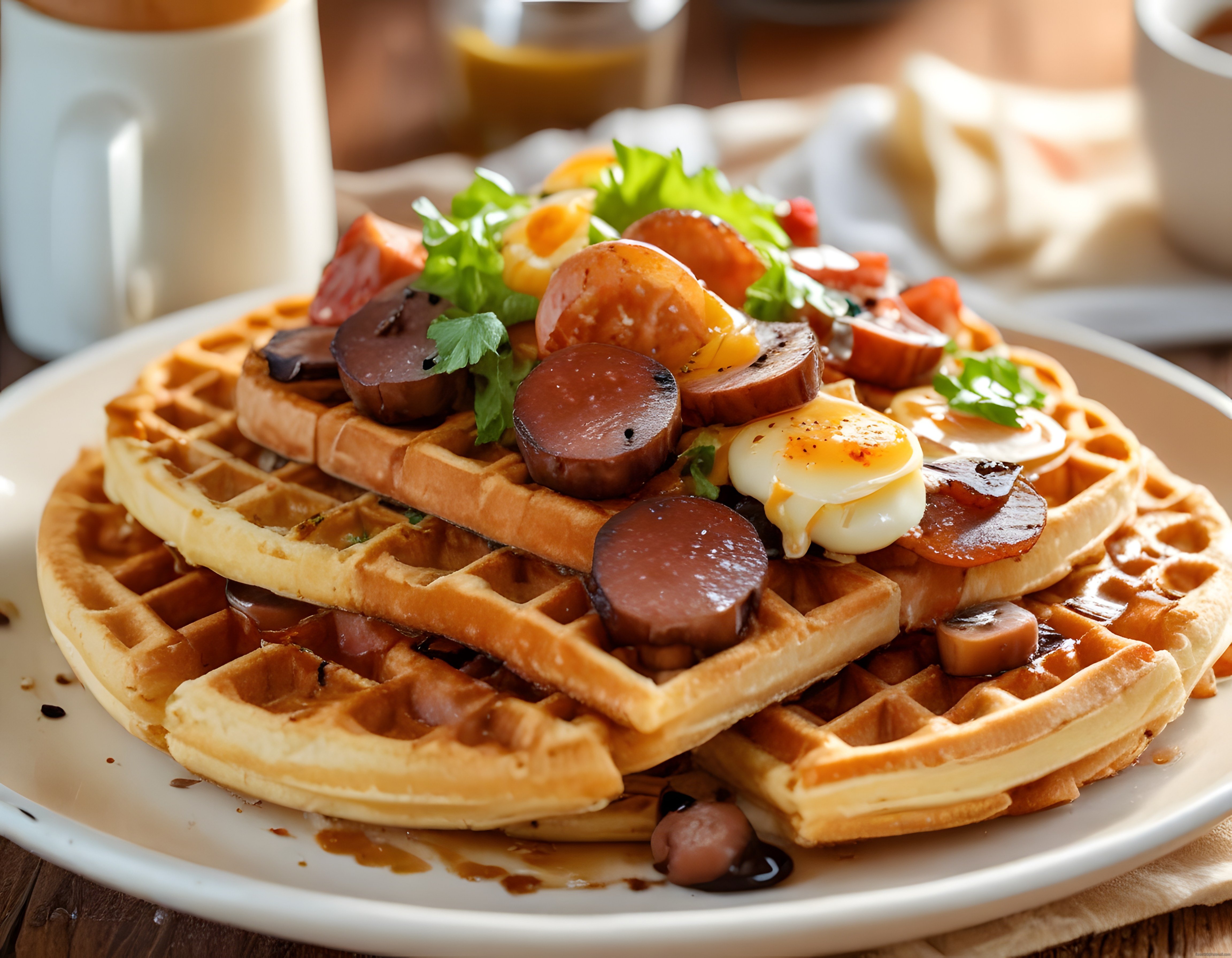 Ev Yapımı Çıtır Waffle ile Kahvaltı Tabağı ve Sosisli Brunch Sunumu