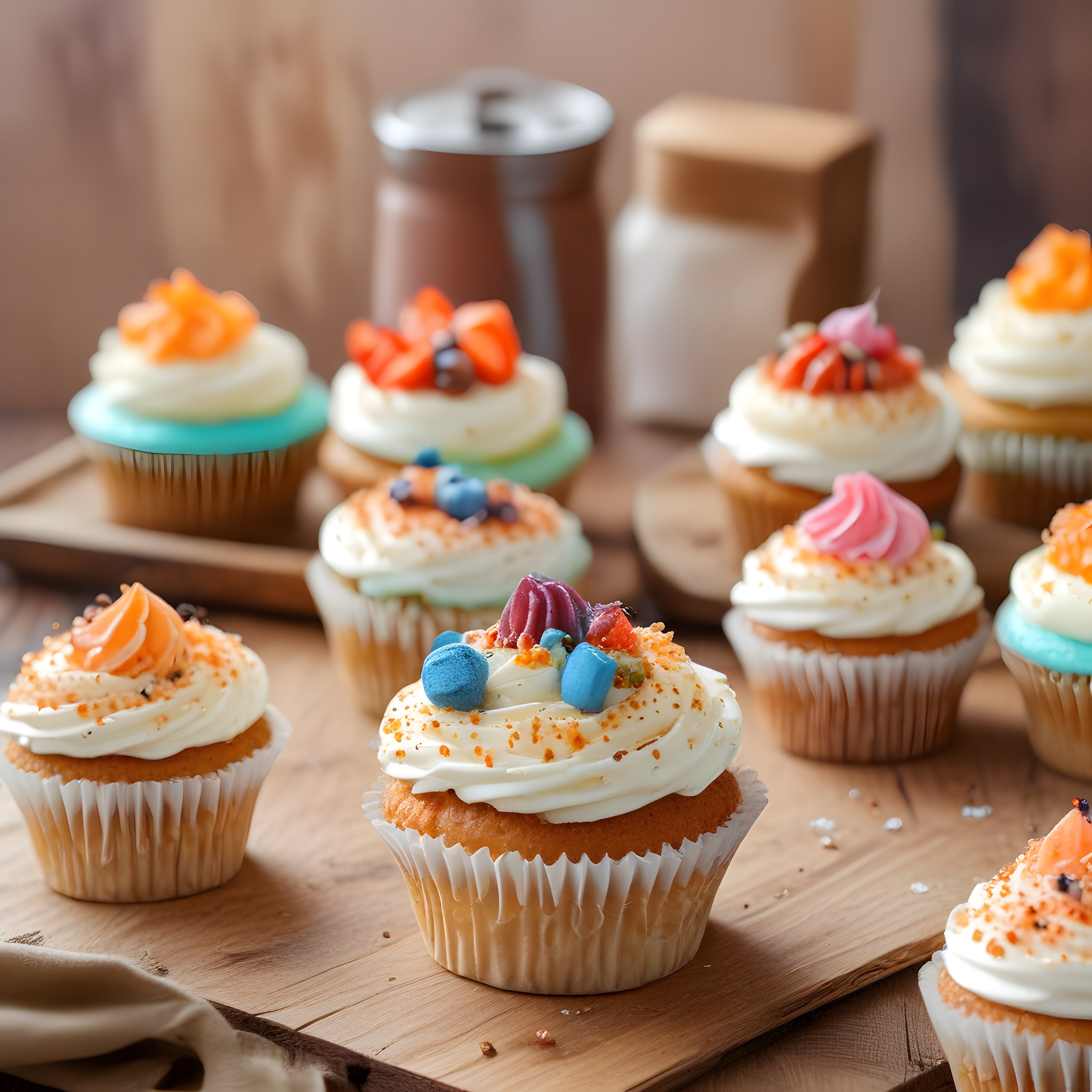 Ev yapımı cupcake'ler krema ve renkli şekerlemelerle süslenmiş tatlı tabağı