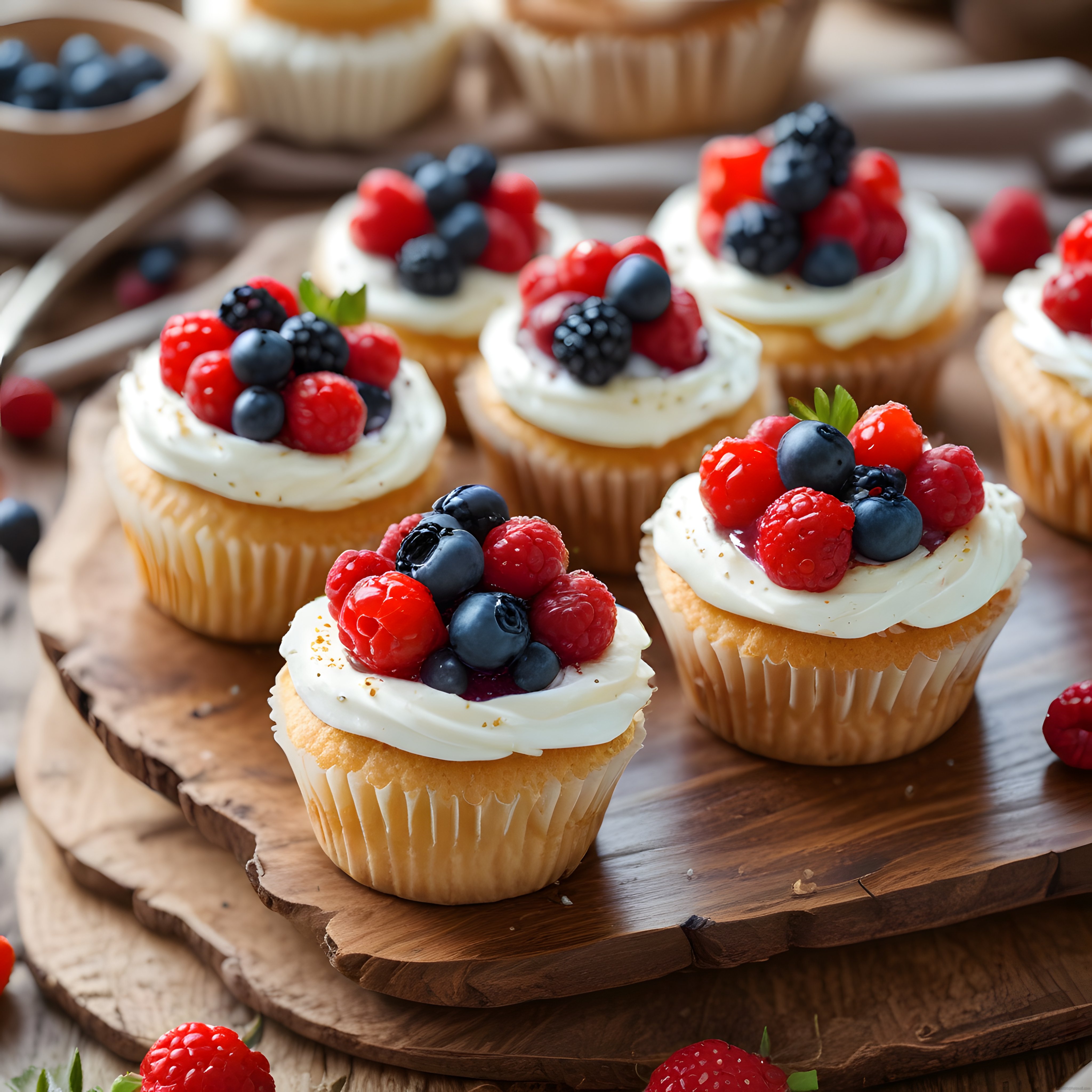 Ev yapımı cupcake'ler krema ve taze orman meyveleriyle ahşap sunum tahtasında