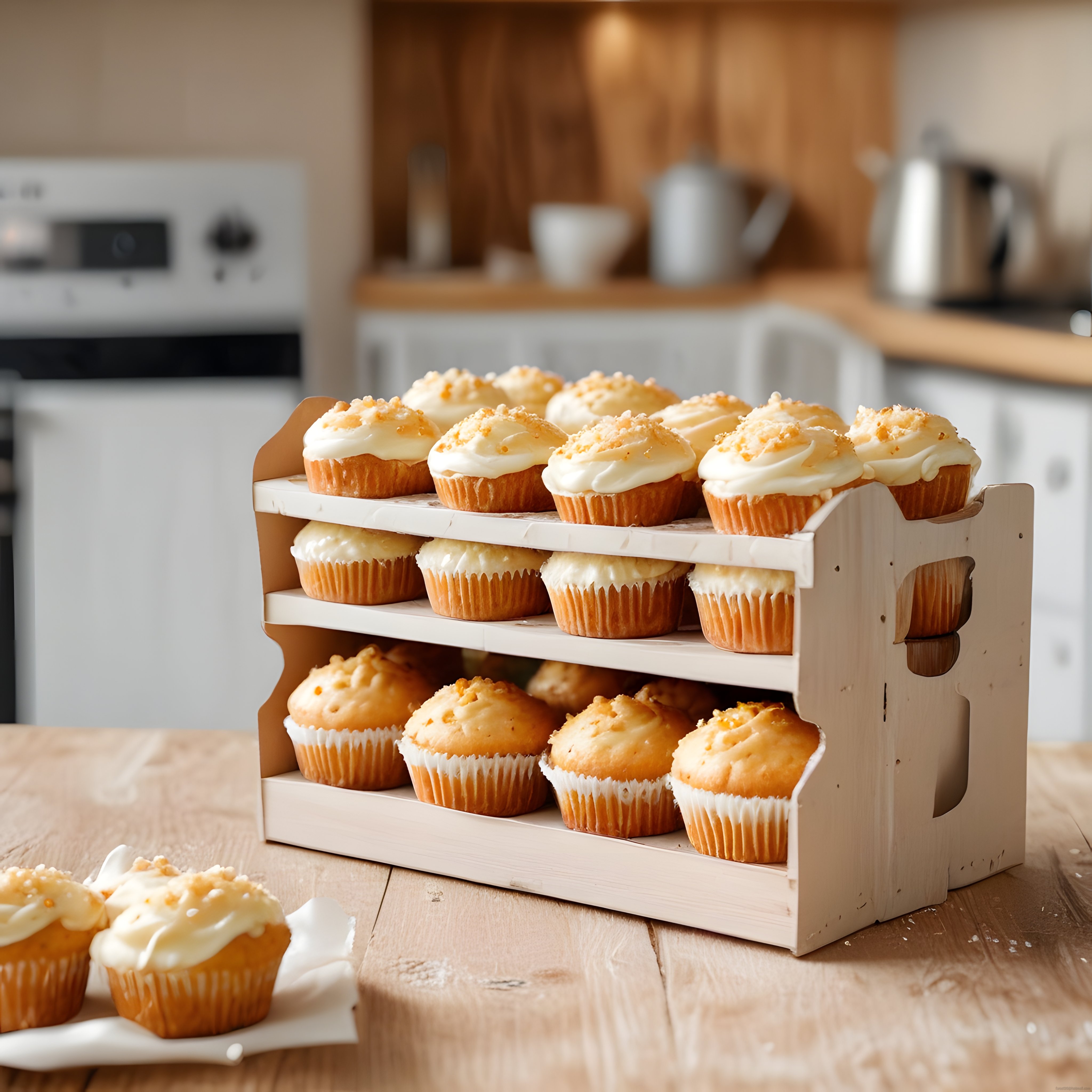 Ev Yapımı Cupcake'lerin Beyaz Kremalı ve Kırıntılı Sıcak Mutfak Sunumu