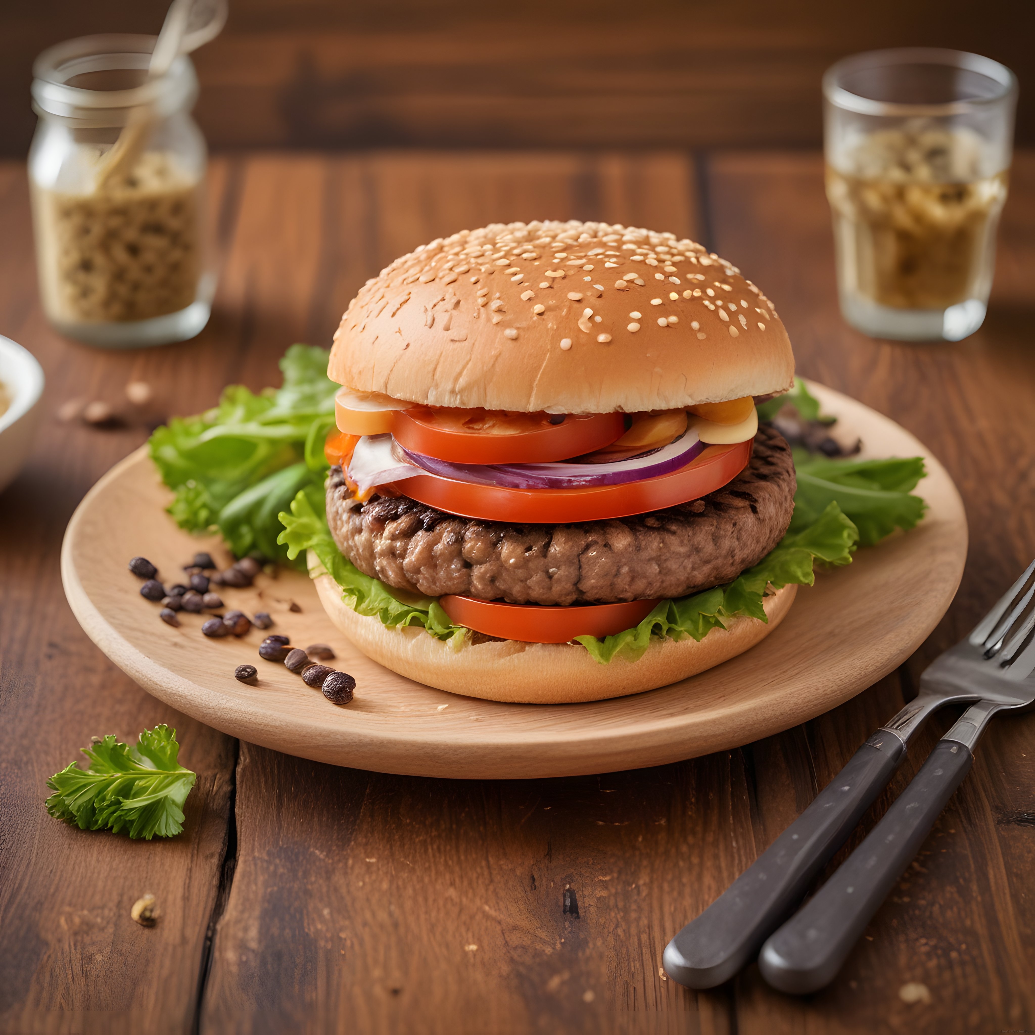 Ev Yapımı Dana Burger: Susamlı Ekmek ve Taze Sebzelerle Lezzetli Sunum
