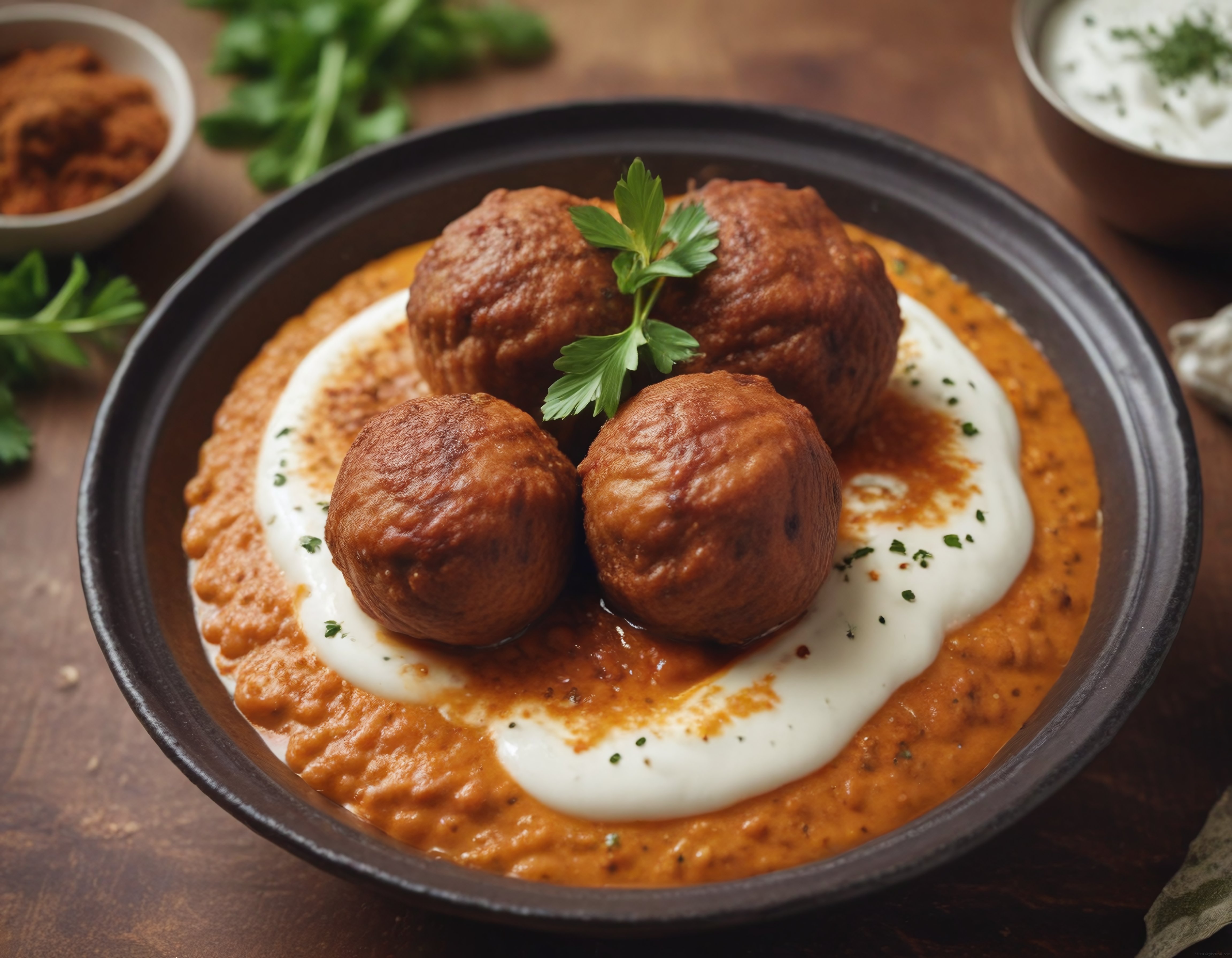 ev yapımı domates soslu köfte ve yoğurt ile nefis ana yemek sunumu