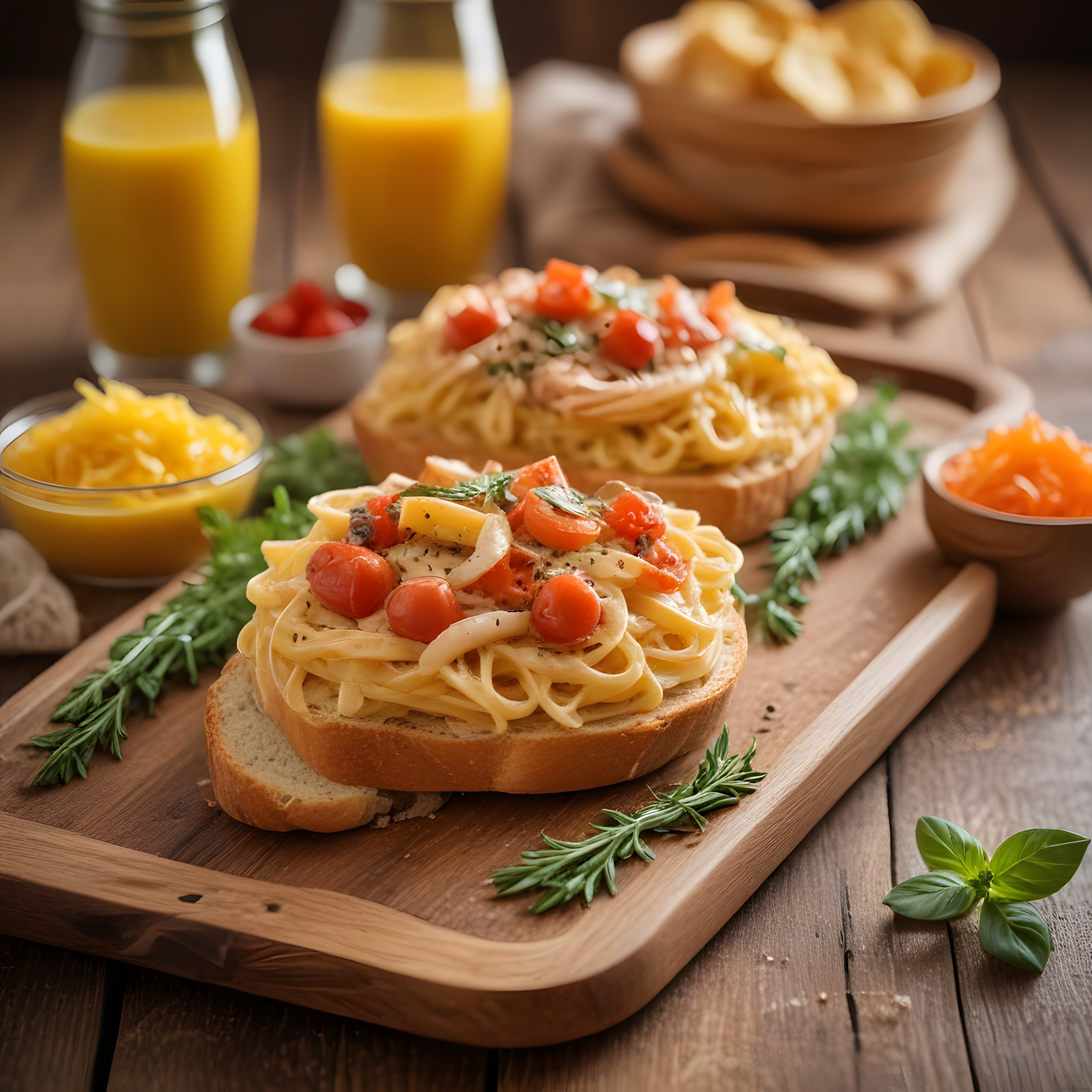 Ev Yapımı Ekmek Üzerinde Domatesli Makarna ve Peynirli Sıcak Sunum