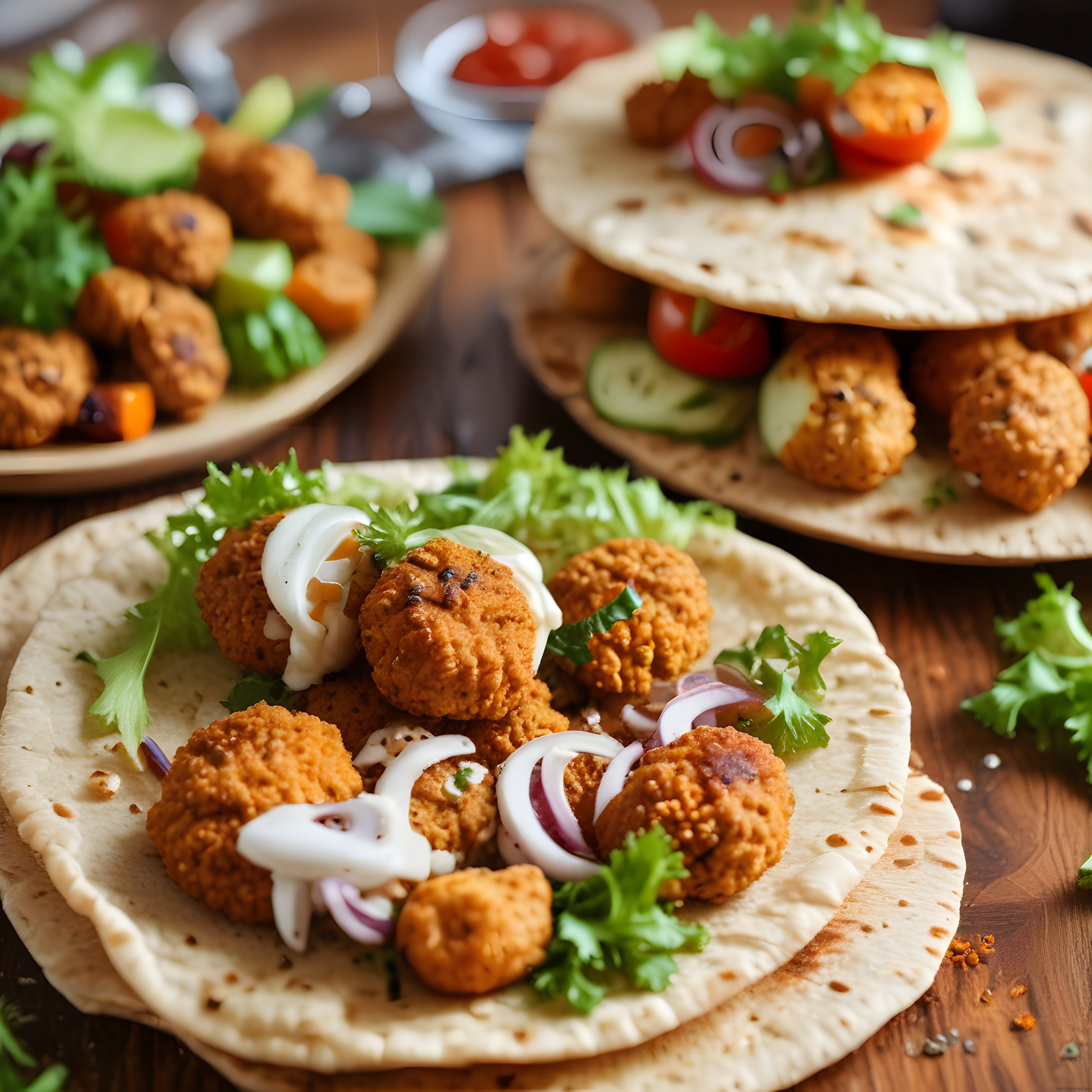 Ev Yapımı Falafel Dürümleri Taze Sebzeler ve Sosla Rustik Masada